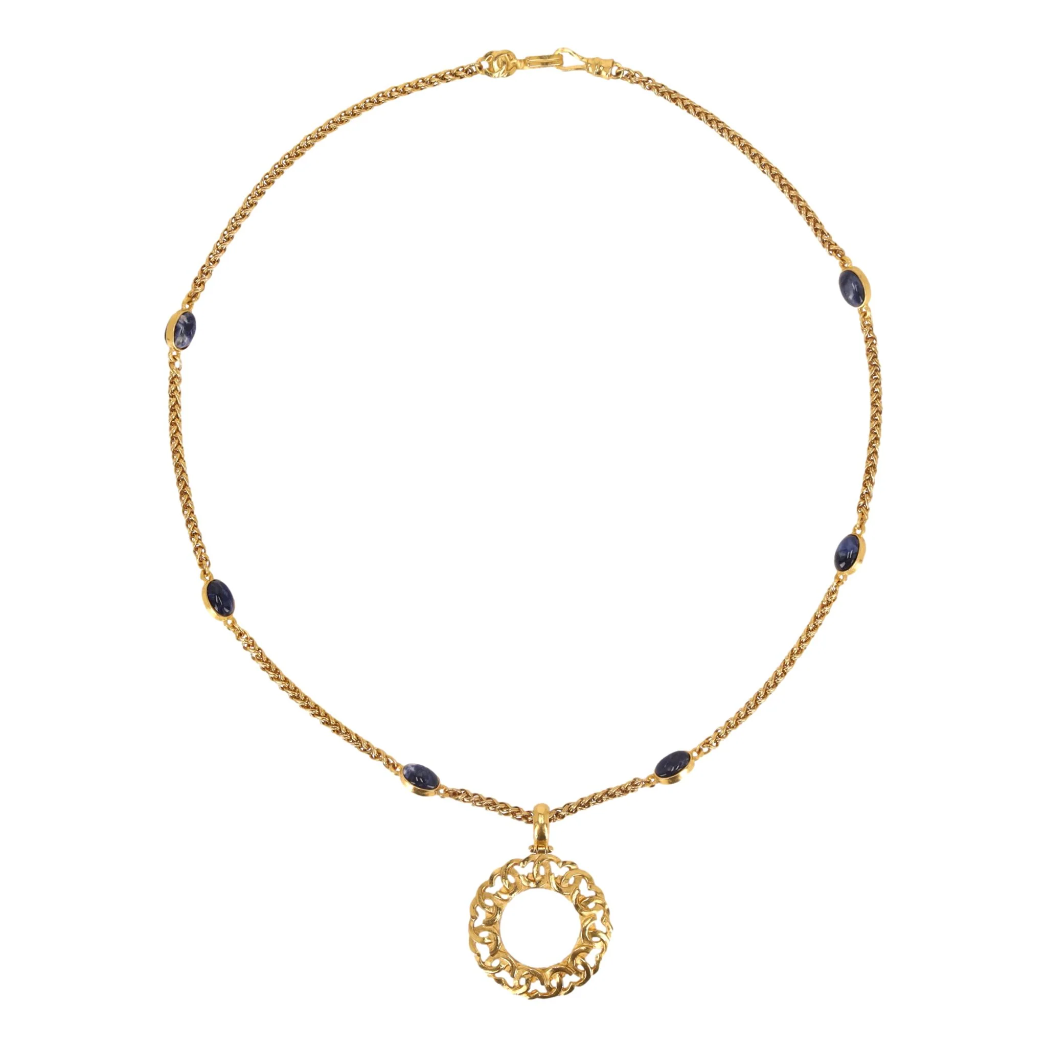 Chanel Vintage 1990's 24k Gold Plated 'CC' Logo Magnifying Glass & Lapis Lazuli Necklace - Image 2