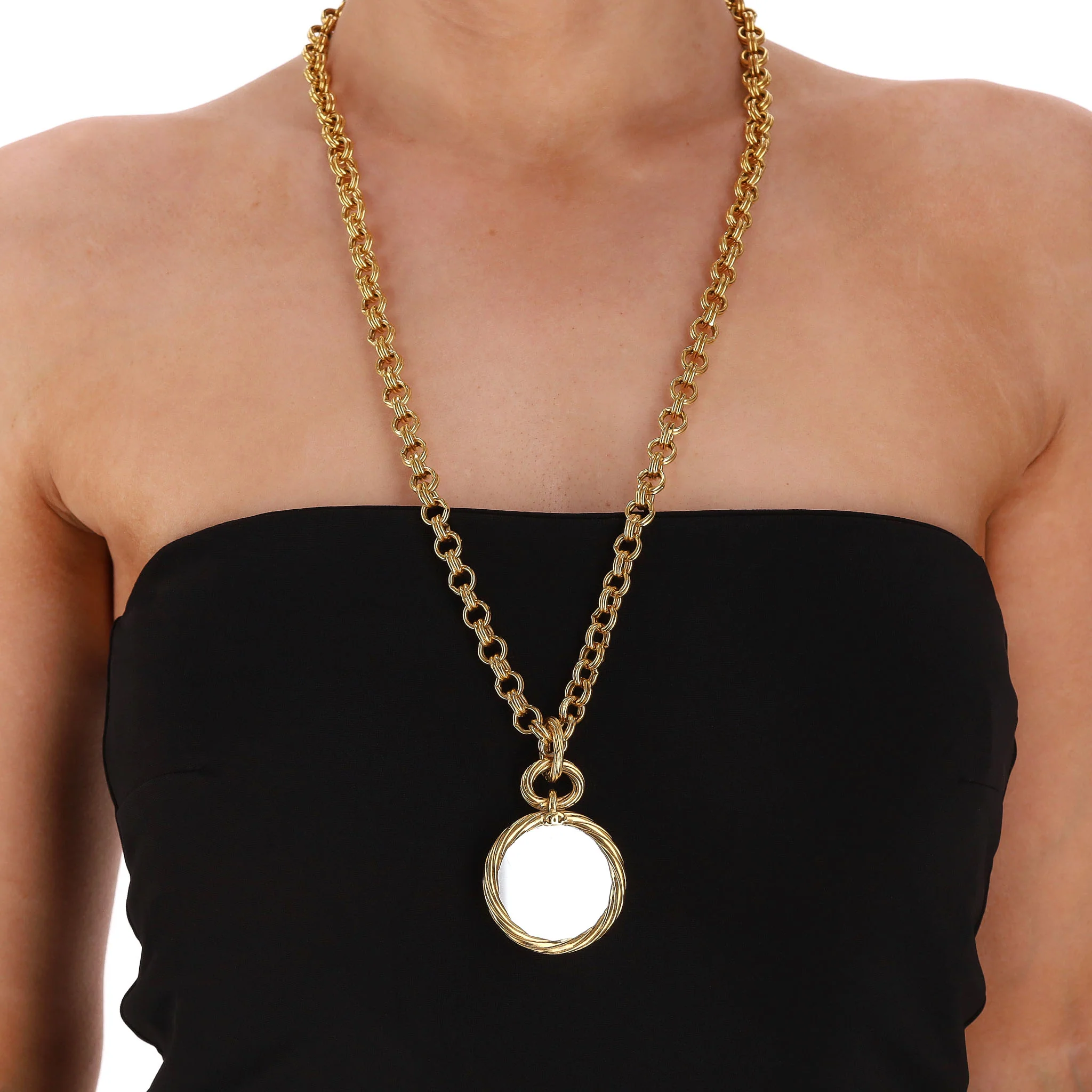 Chanel Vintage 90's 24k Gold Plated 'CC' Logo Medallion & Mirror Double-Sided Necklace