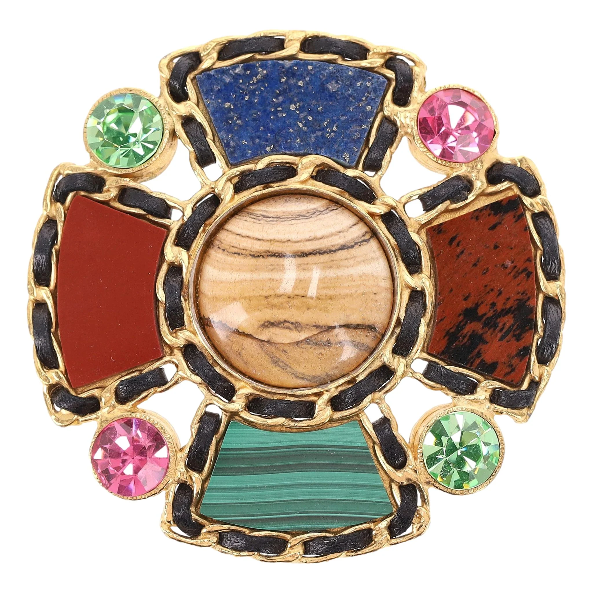 Chanel XL Byzante Maltese Cross Brooch With Gripoix, Crystal, Lambskin Leather & Semi Precious Stones