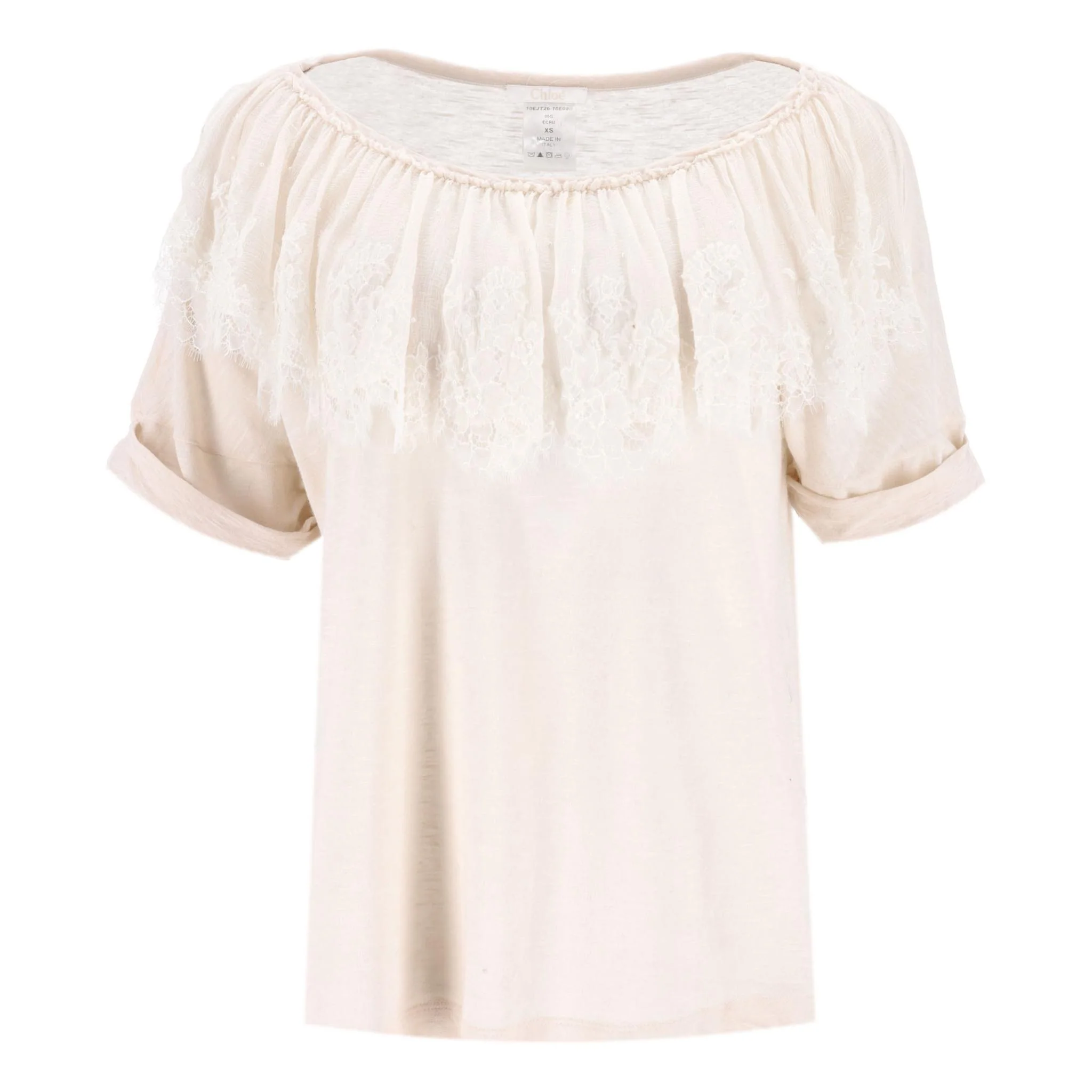 Chloe Silk, Linen & Cotton Blend Lace & Pearl Detail Top. Size XS