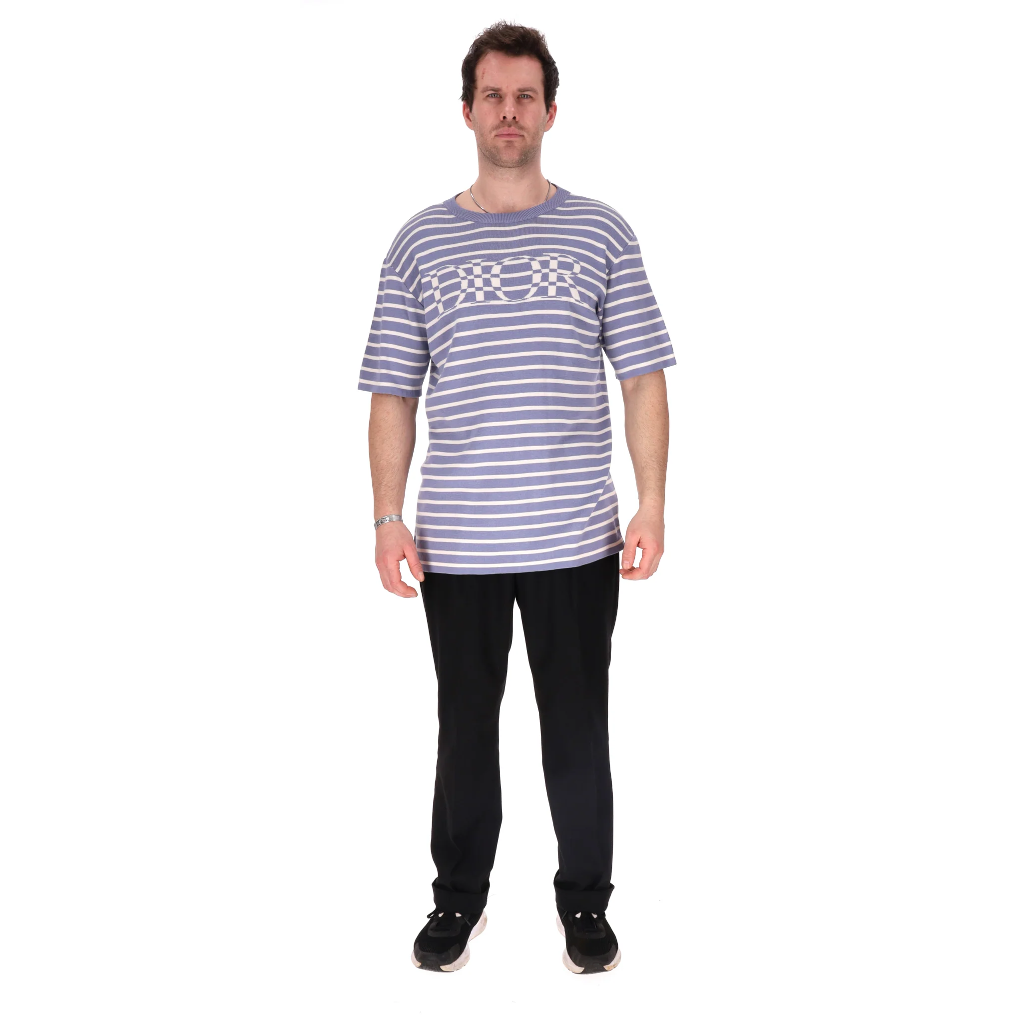 Dior Striped Knitted Silk & Cotton Logo Oversized T-Shirt. Size L - Image 2