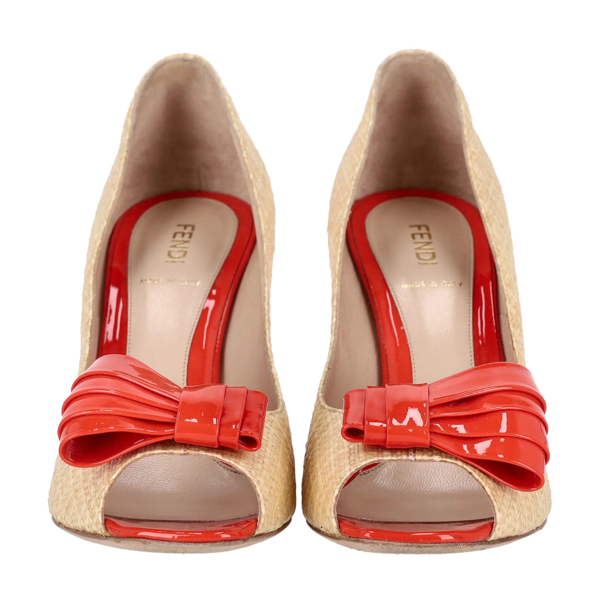 Fendi Raffia Peep-Toe Pumps With A Patent Leather Bow. Size 40 - Image 3