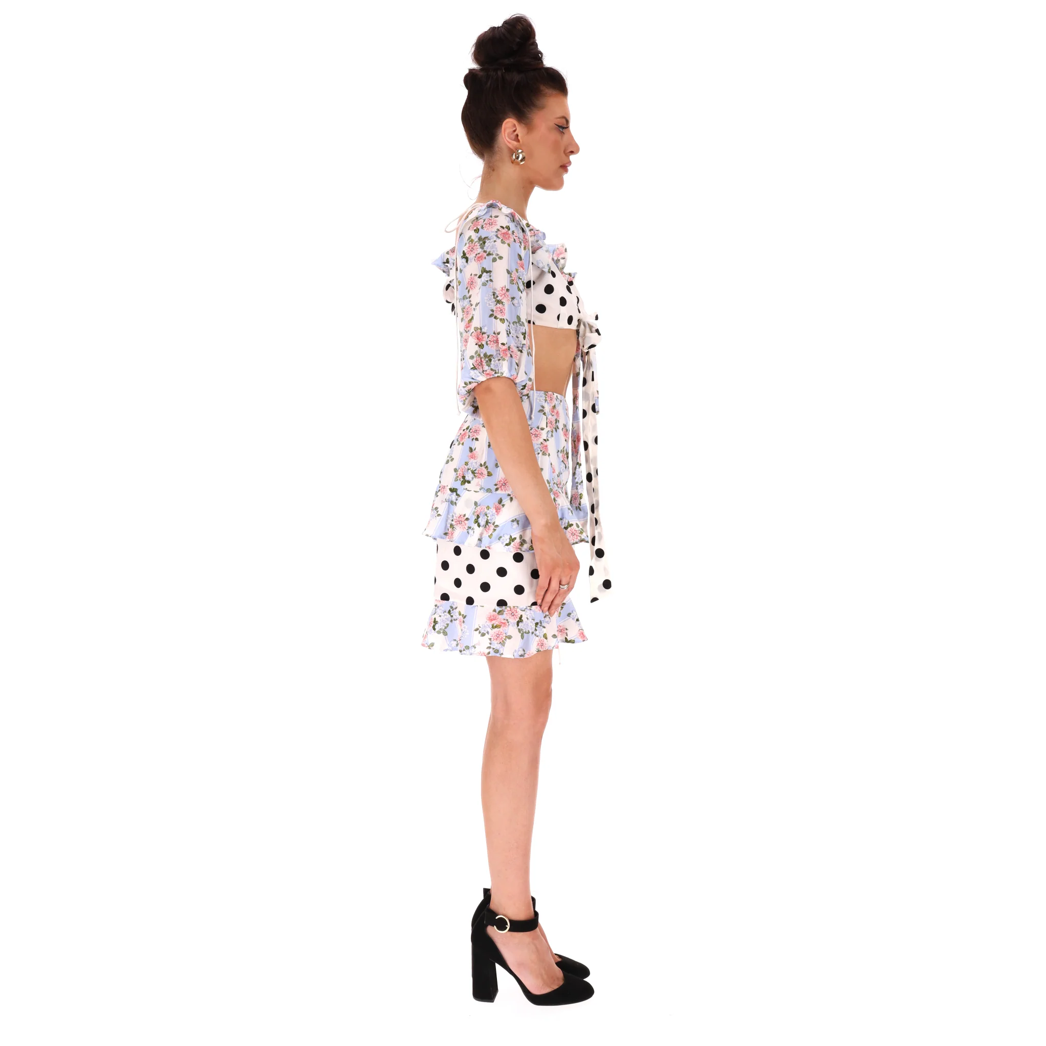 For Love & Lemons Multi-Print Ruffle Detail Cropped Top & Skirt Two-Piece Set. Size S/M - Image 3