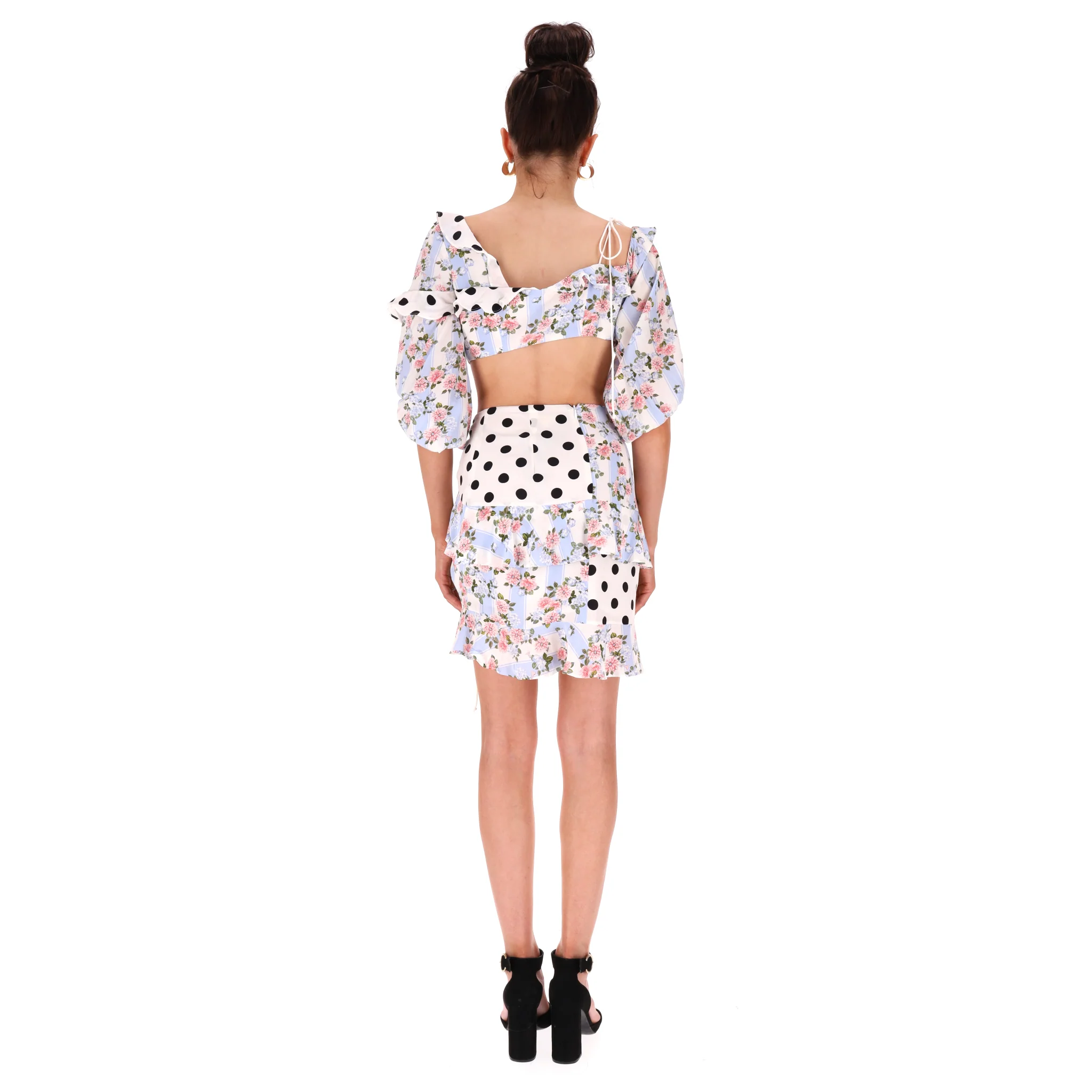 For Love & Lemons Multi-Print Ruffle Detail Cropped Top & Skirt Two-Piece Set. Size S/M - Image 4