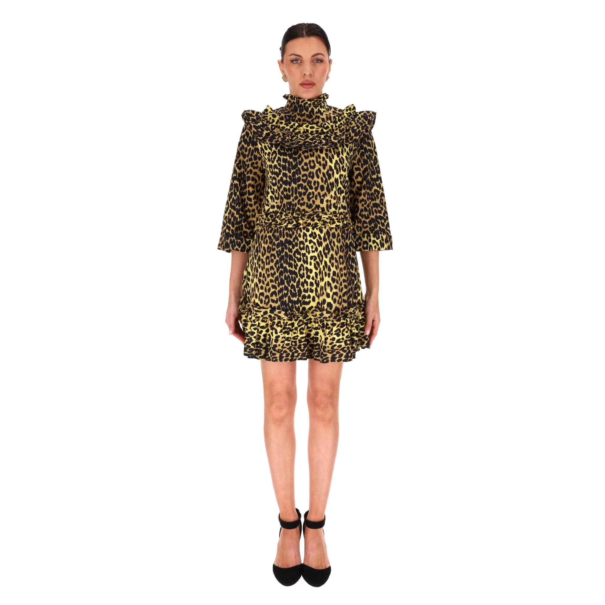 Ganni Leopard Print Ruffle Cotton Dress. Size 36FR - Image 2