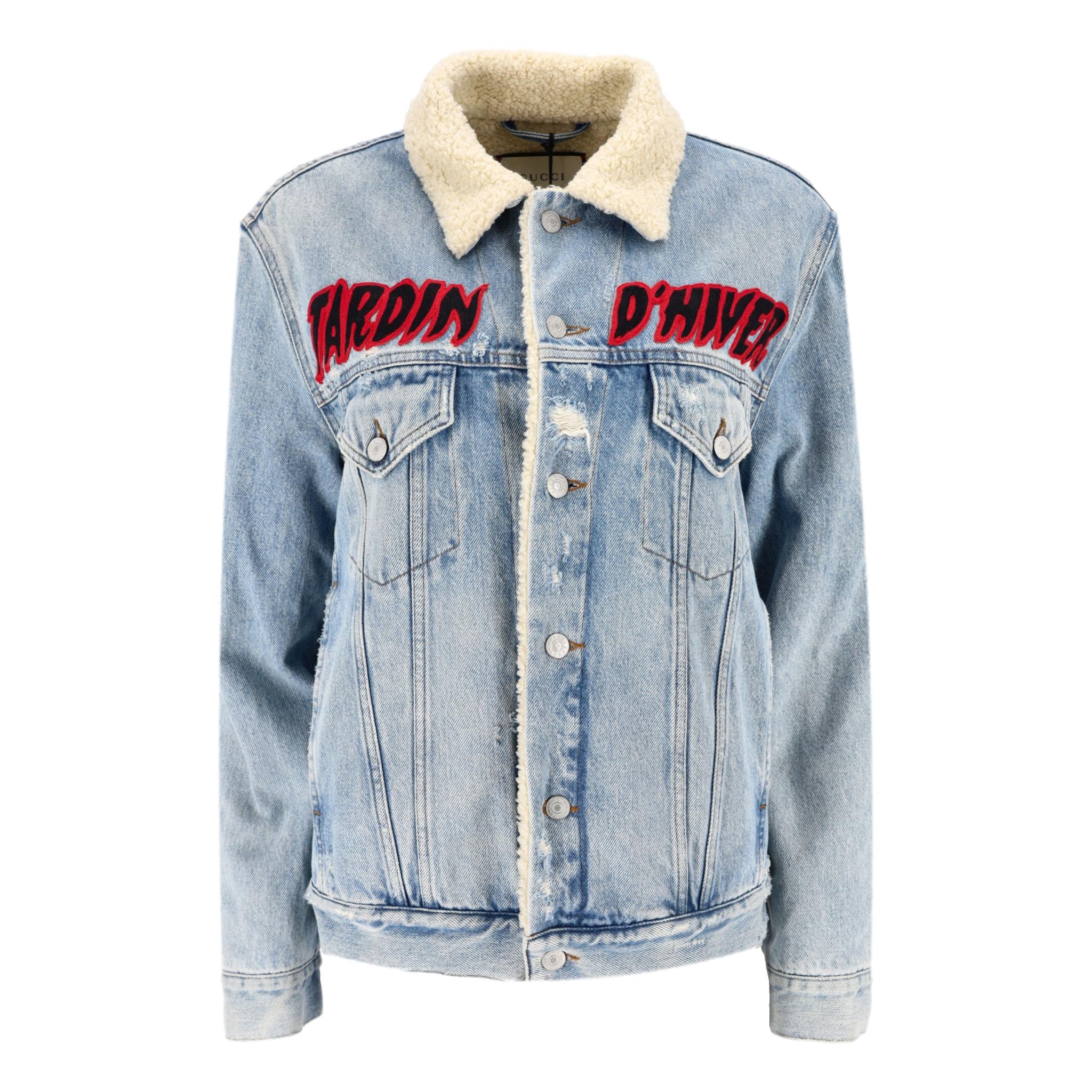 Gucci Embroidered Tiger & Crystal Embellished Shearling/Denim Jacket. Size 46IT