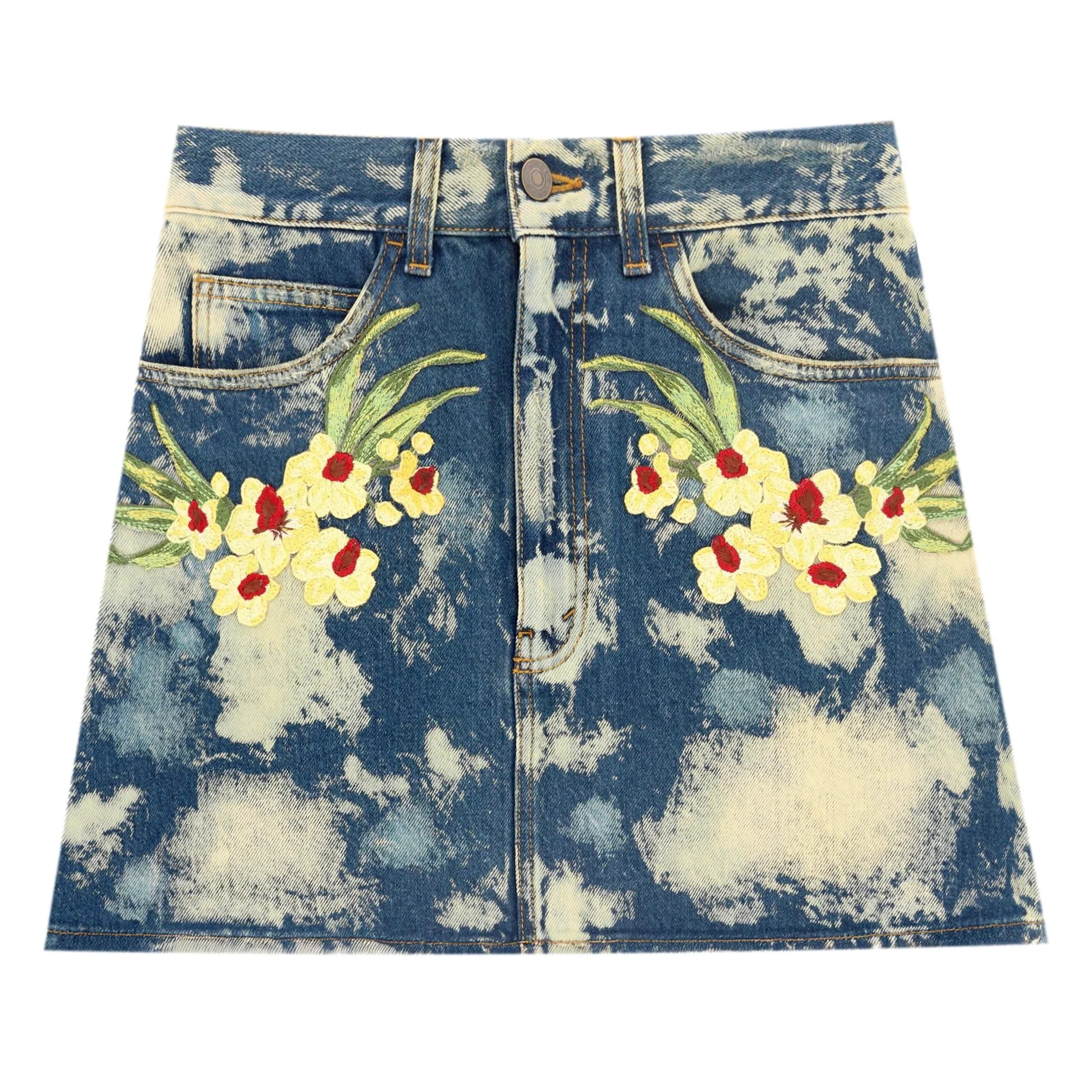 Gucci Denim Floral Embroidered Skirt. Size 40IT
