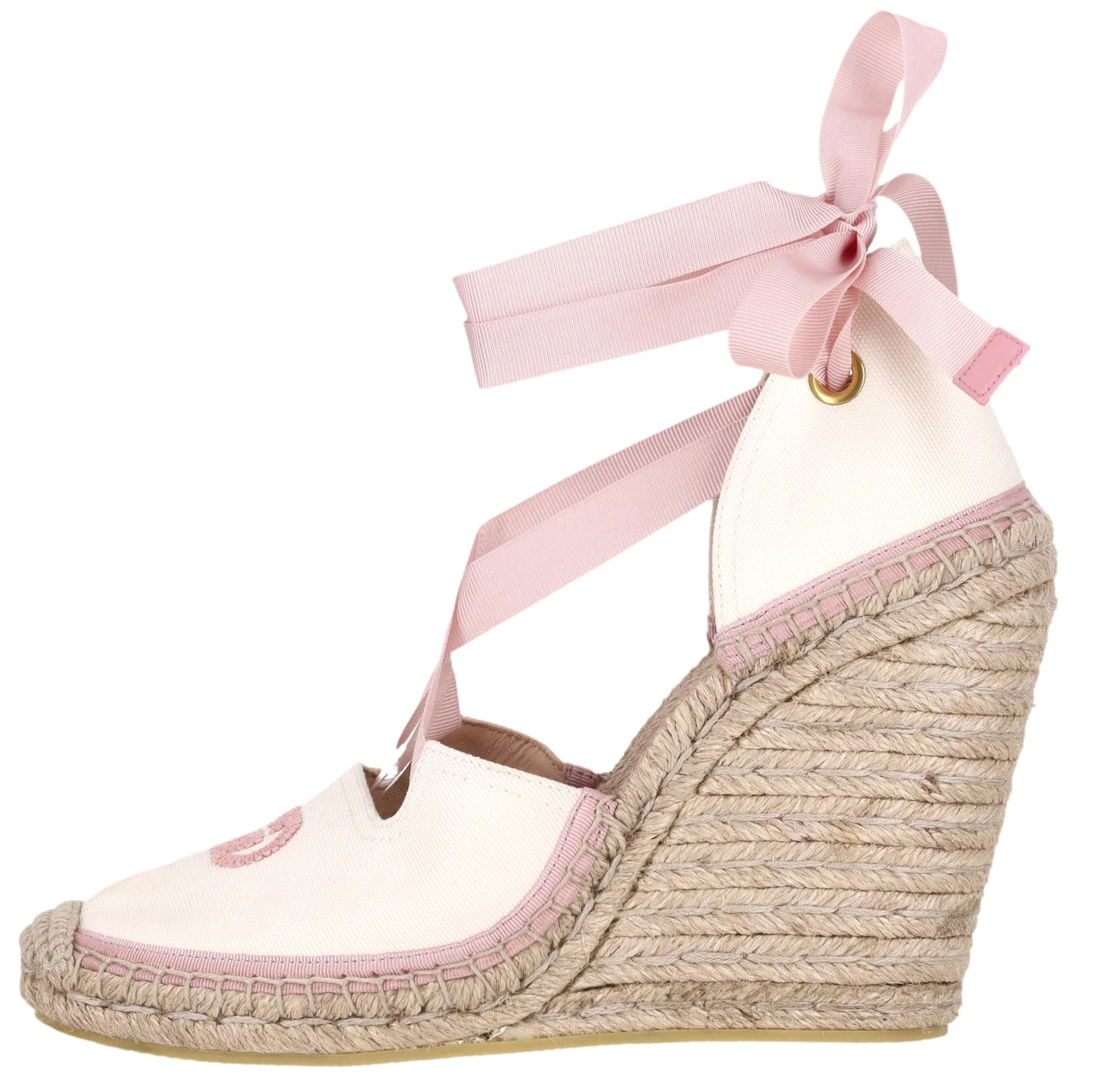 Gucci Judit 'GG' Espadrille Wedge Sandals With Grosgrain Ribbon Ankle Ties. Size 40.5
