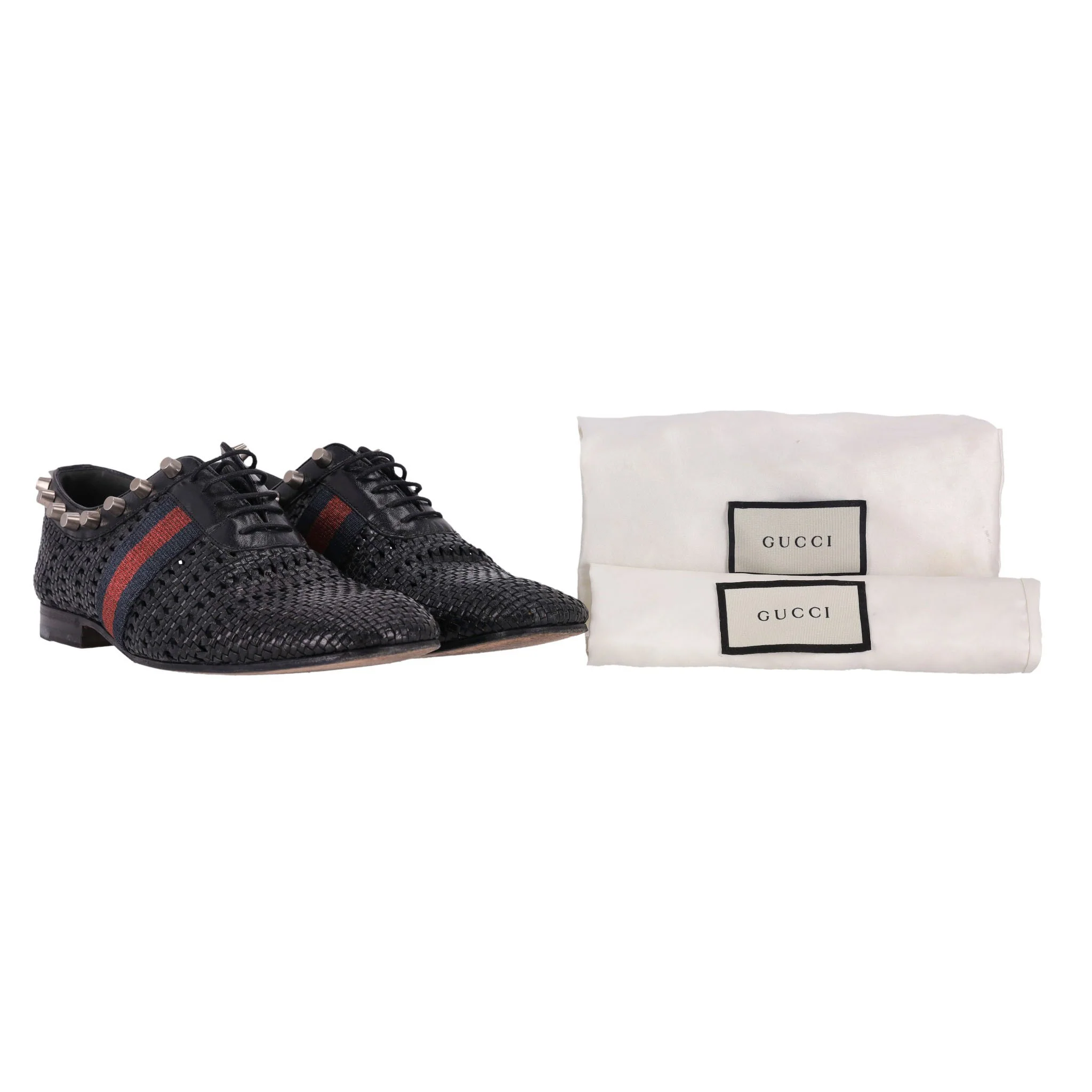 Gucci Spike Detailed Woven Leather Web Stripe Derby Shoes. Size 8.5 - Image 3
