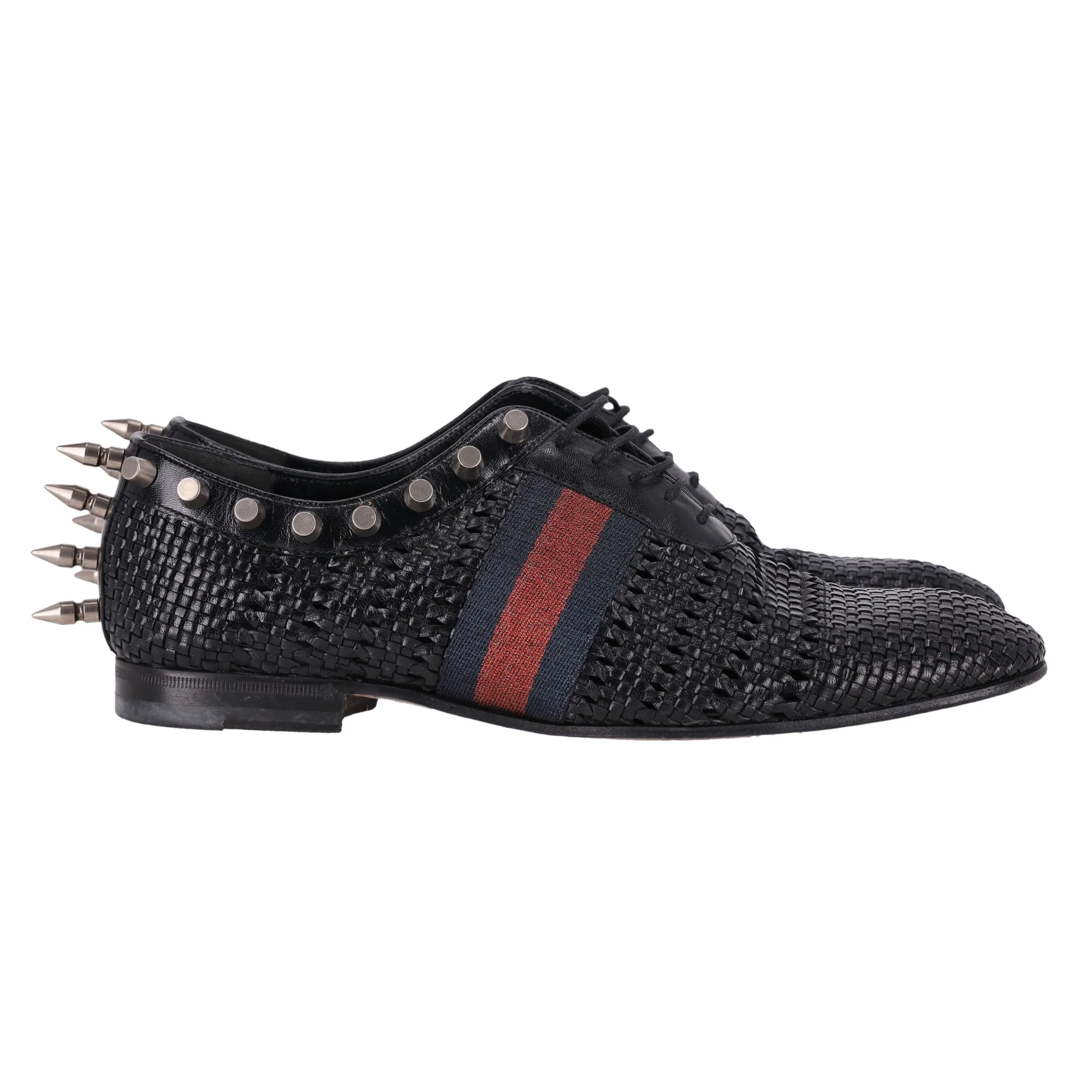 Gucci Spike Detailed Woven Leather Web Stripe Derby Shoes. Size 8.5 - Image 4