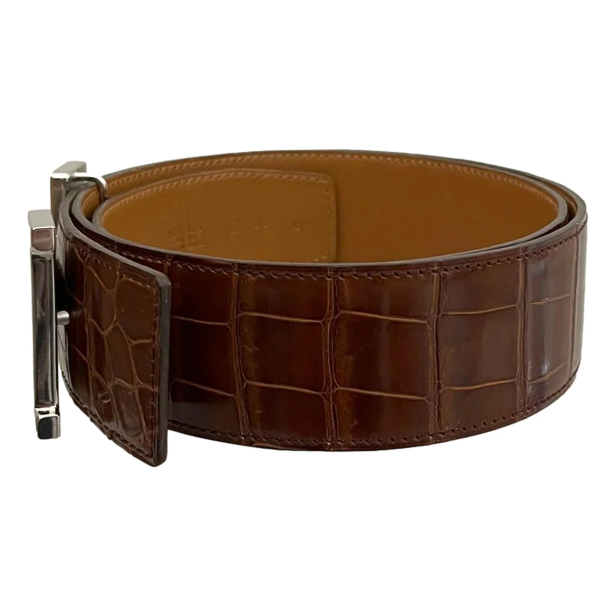 Hermes Shiny Crocodile Skin Belt With Large 'H' Palladium Buckle - Image 3