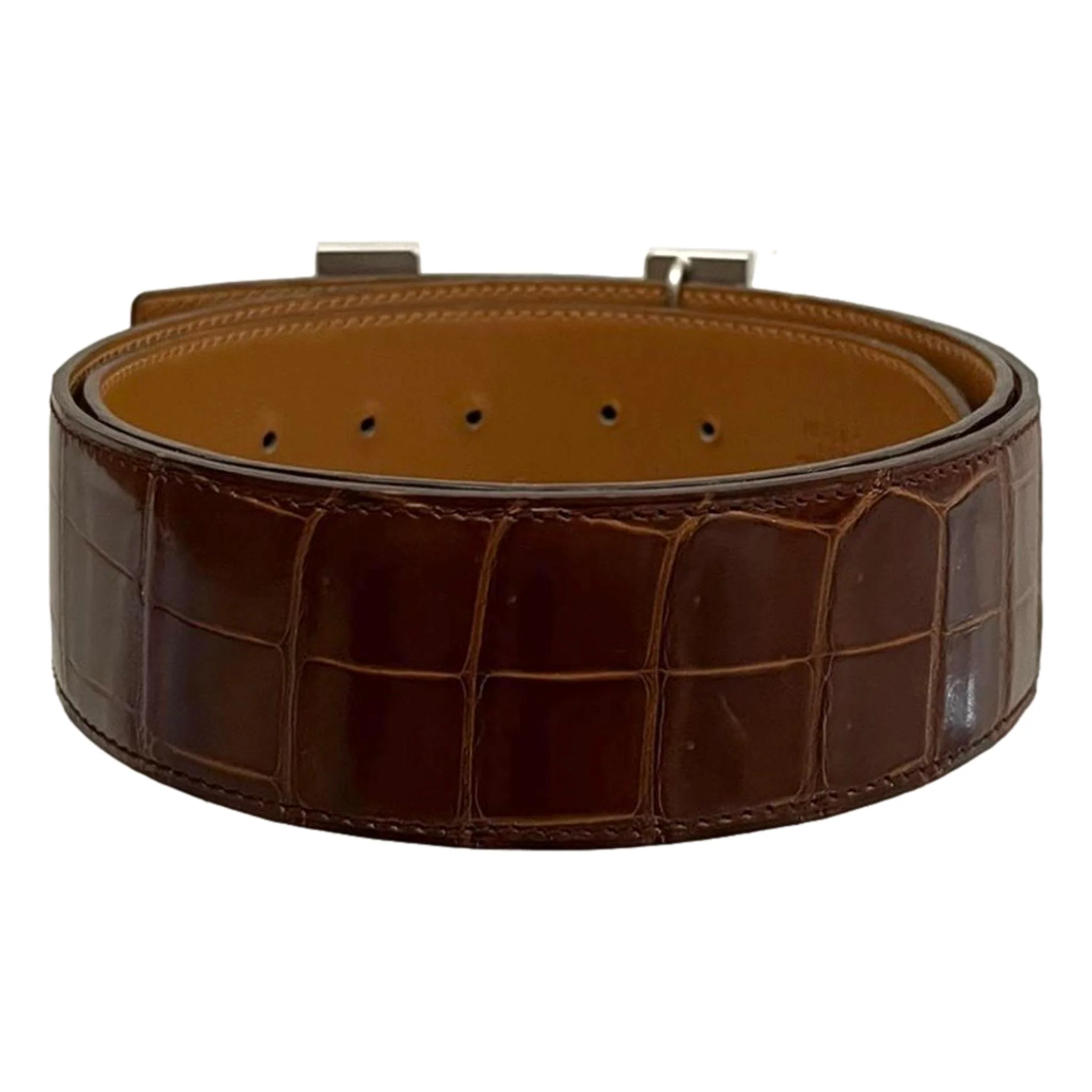 Hermes Shiny Crocodile Skin Belt With Large 'H' Palladium Buckle - Image 4