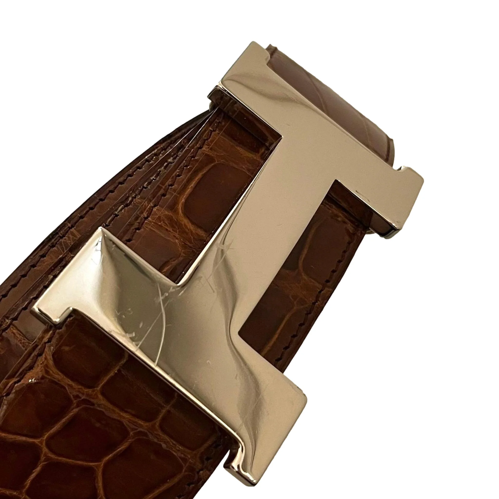 Hermes Shiny Crocodile Skin Belt With Large 'H' Palladium Buckle - Image 5