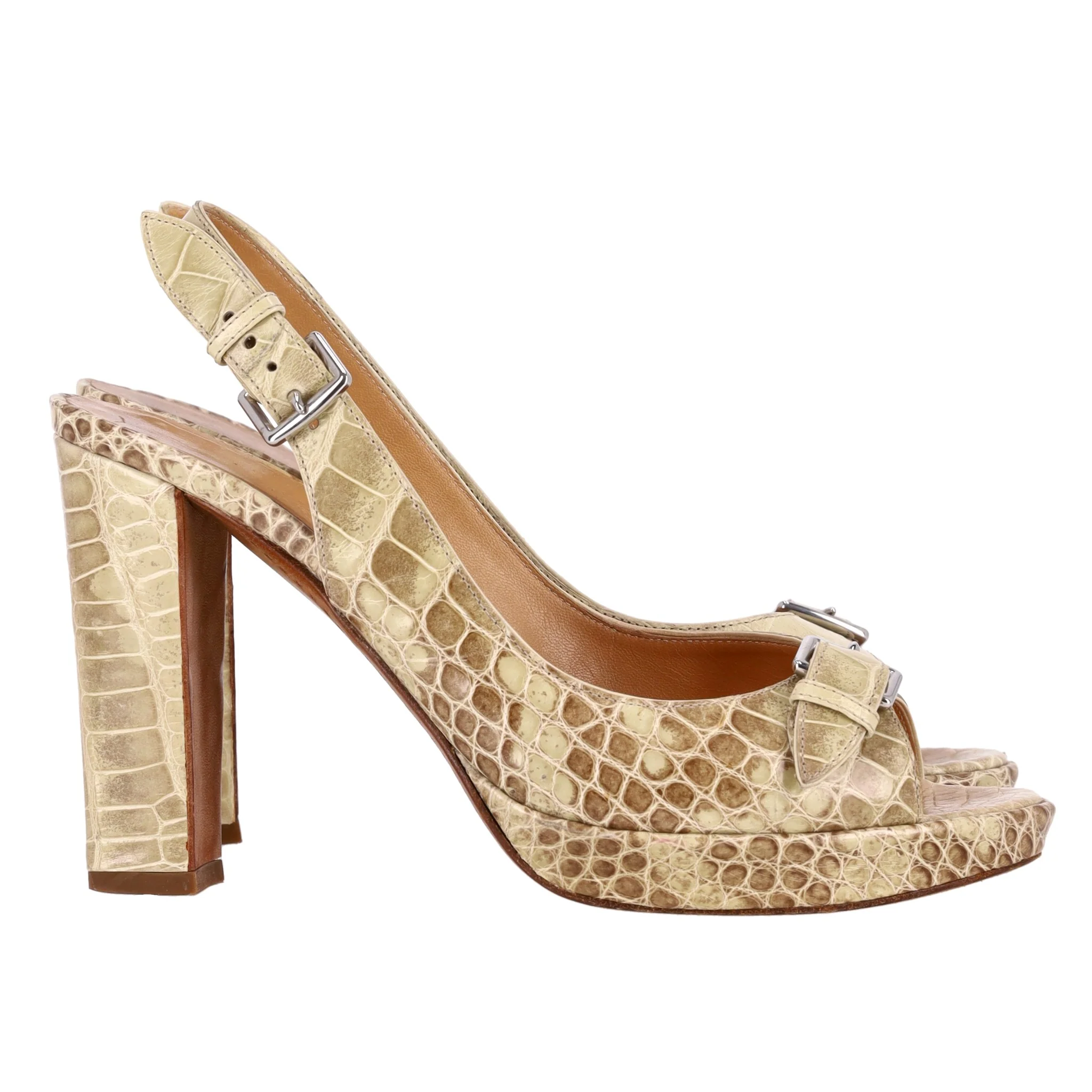 Hermes Crocodile Skin Peep-Toe Pumps. Size 37 - Image 3