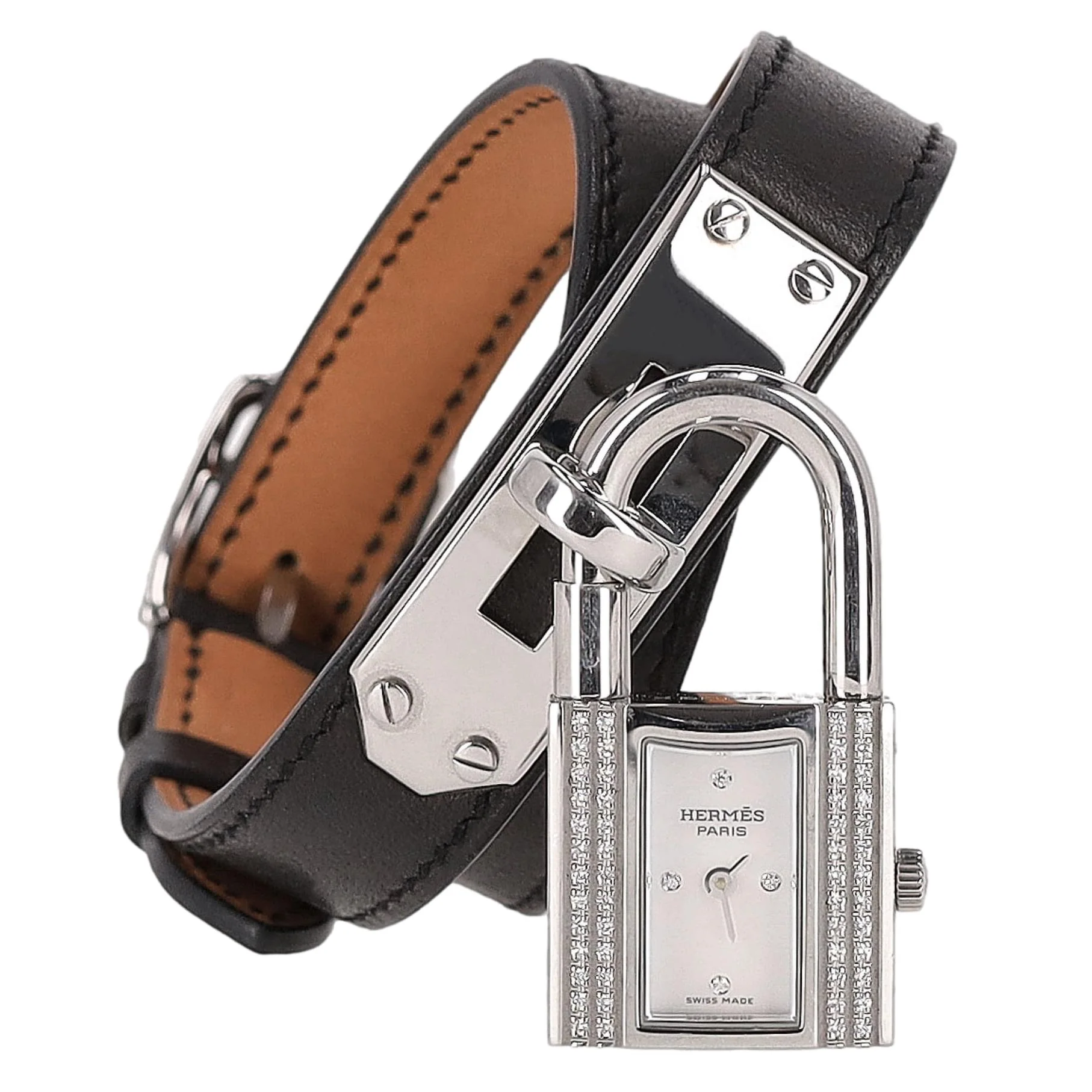 Hermes Diamond-Set Kelly Watch With Mother-Of-Pearl Face & Double Tour Leather Strap