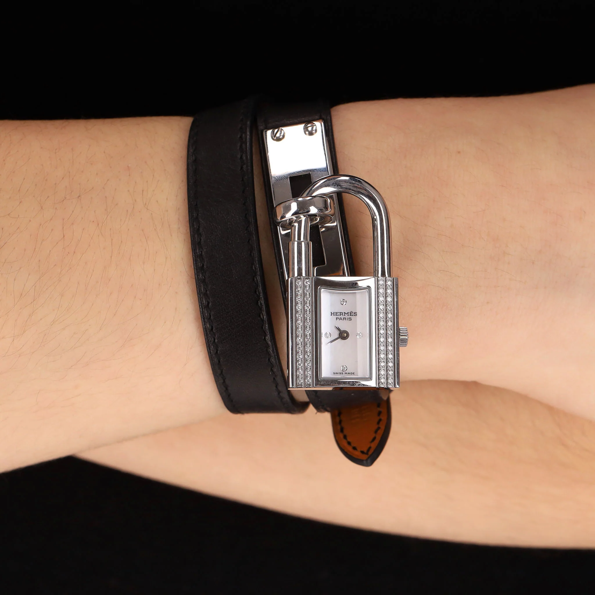 Hermes Diamond-Set Kelly Watch With Mother-Of-Pearl Face & Double Tour Leather Strap - Image 2