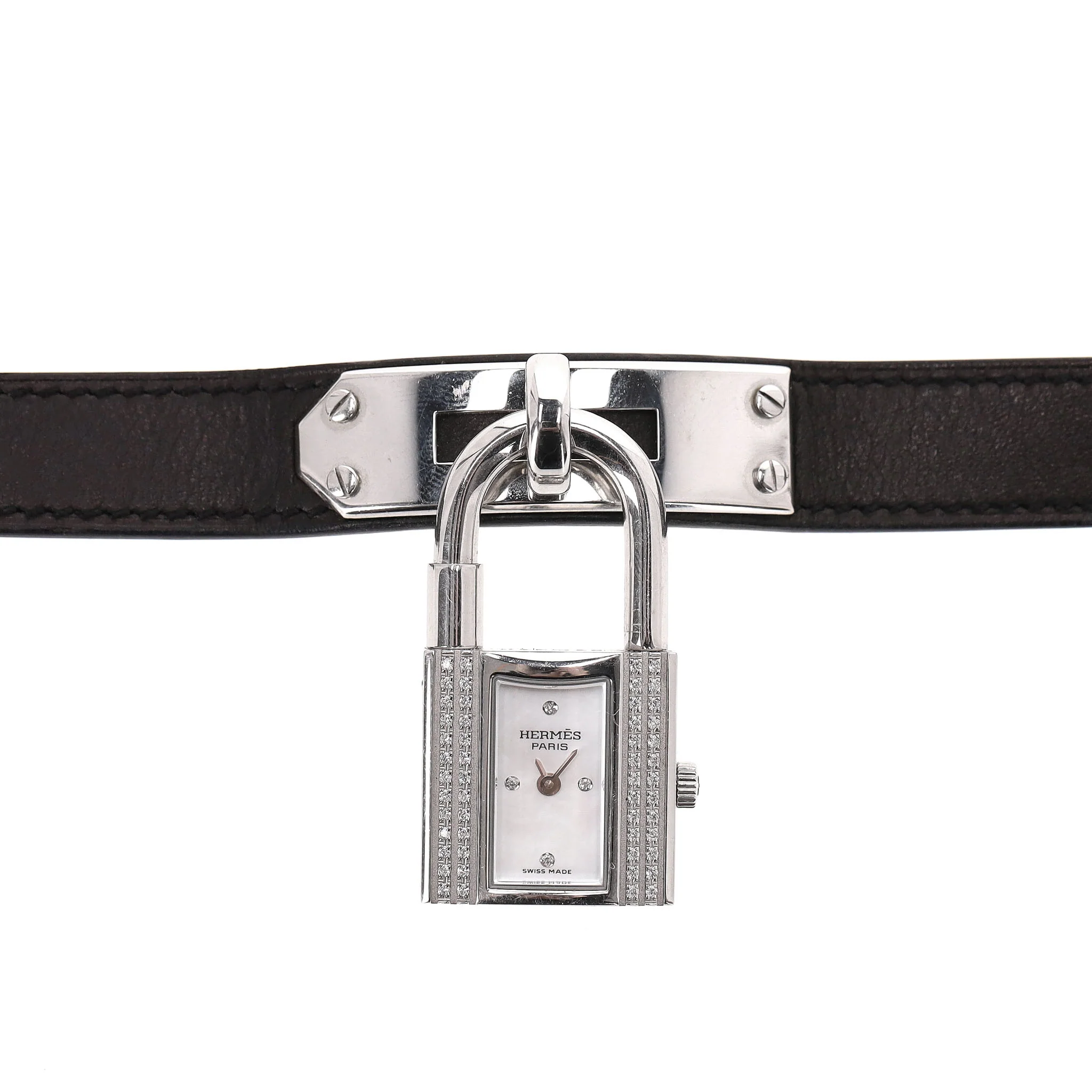 Hermes Diamond-Set Kelly Watch With Mother-Of-Pearl Face & Double Tour Leather Strap - Image 4
