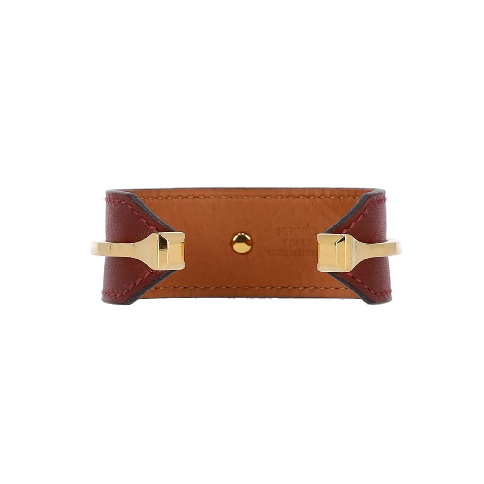 Hermes Leather & Gold Plate Open Cuff Bracelet - Image 5