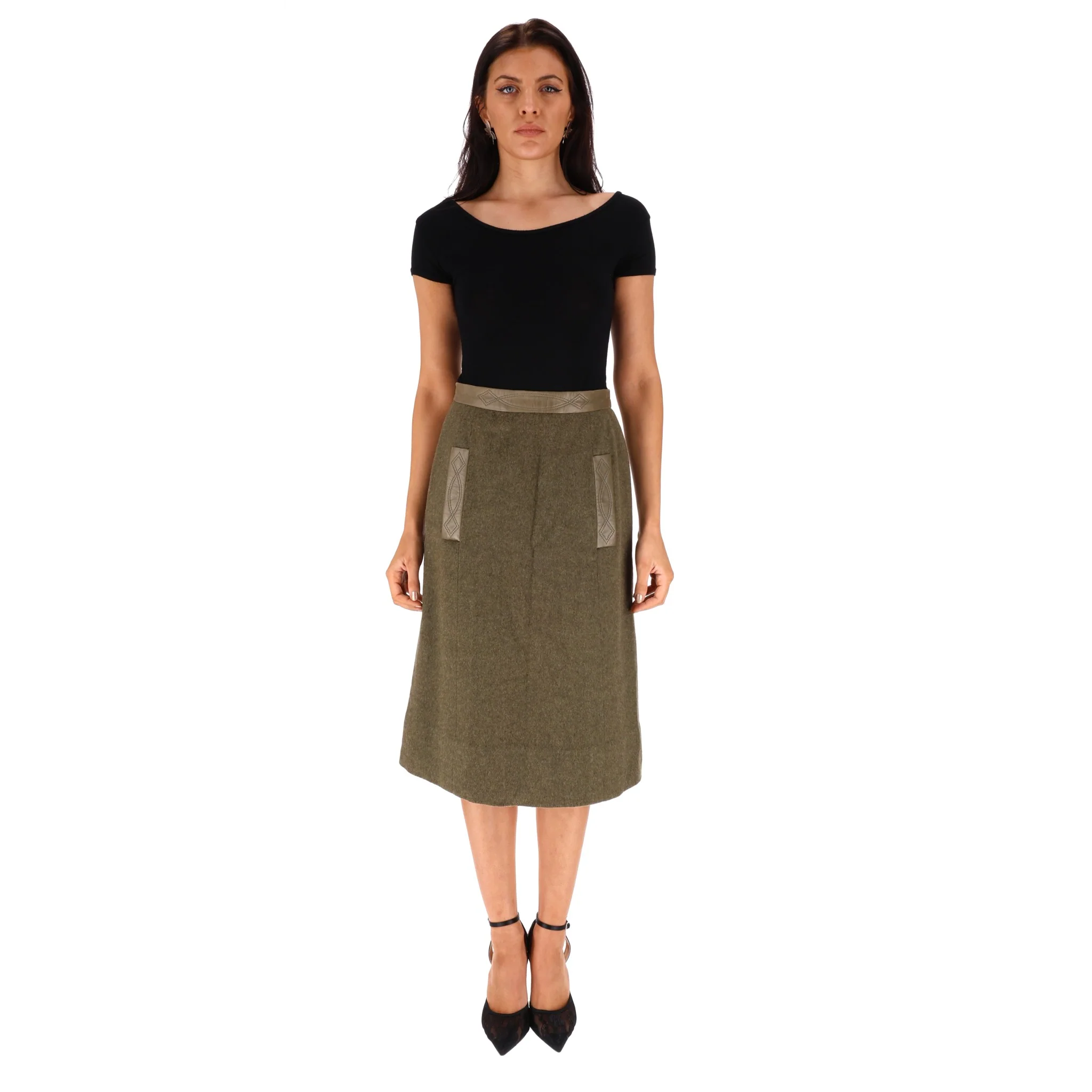 Hermes Wool, Cashmere & Leather Skirt. Size 38FR - Image 2