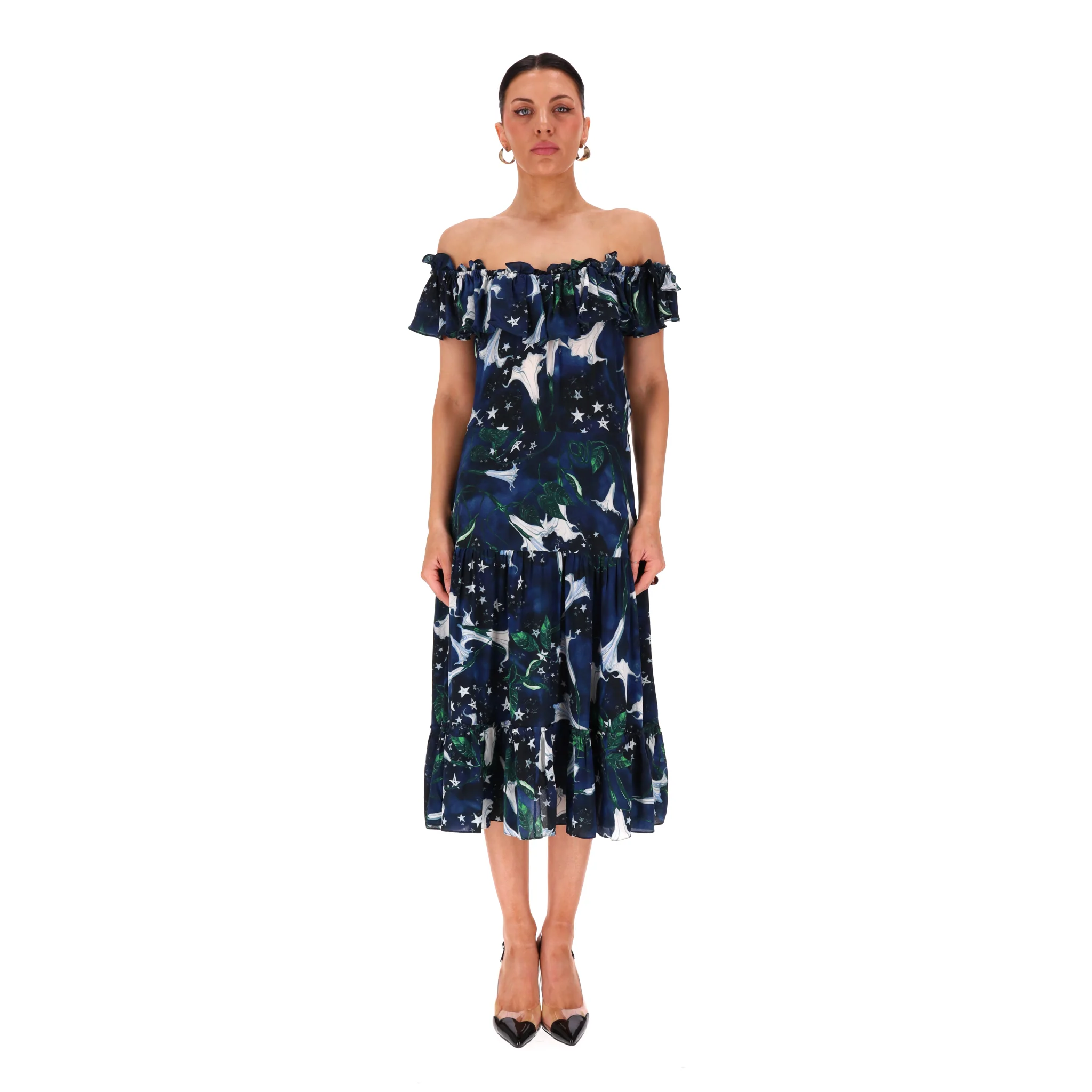 Isolda Off-The-Shoulder Ruffle Silk Dress. Size 40FR - Image 2
