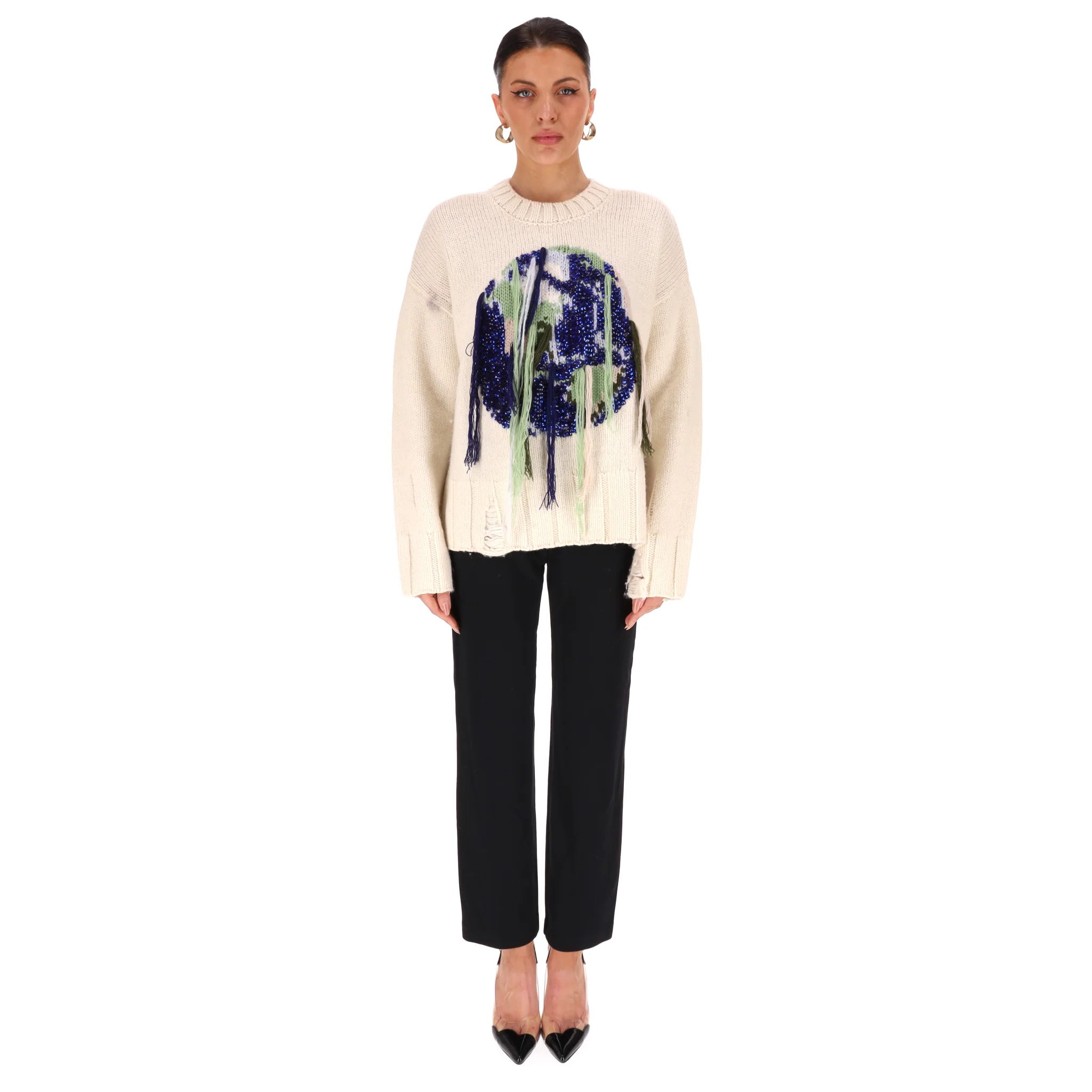 JW Anderson Globe Crystal-Embellished Fringed Sheep Wool Jumper. Size S - Image 2