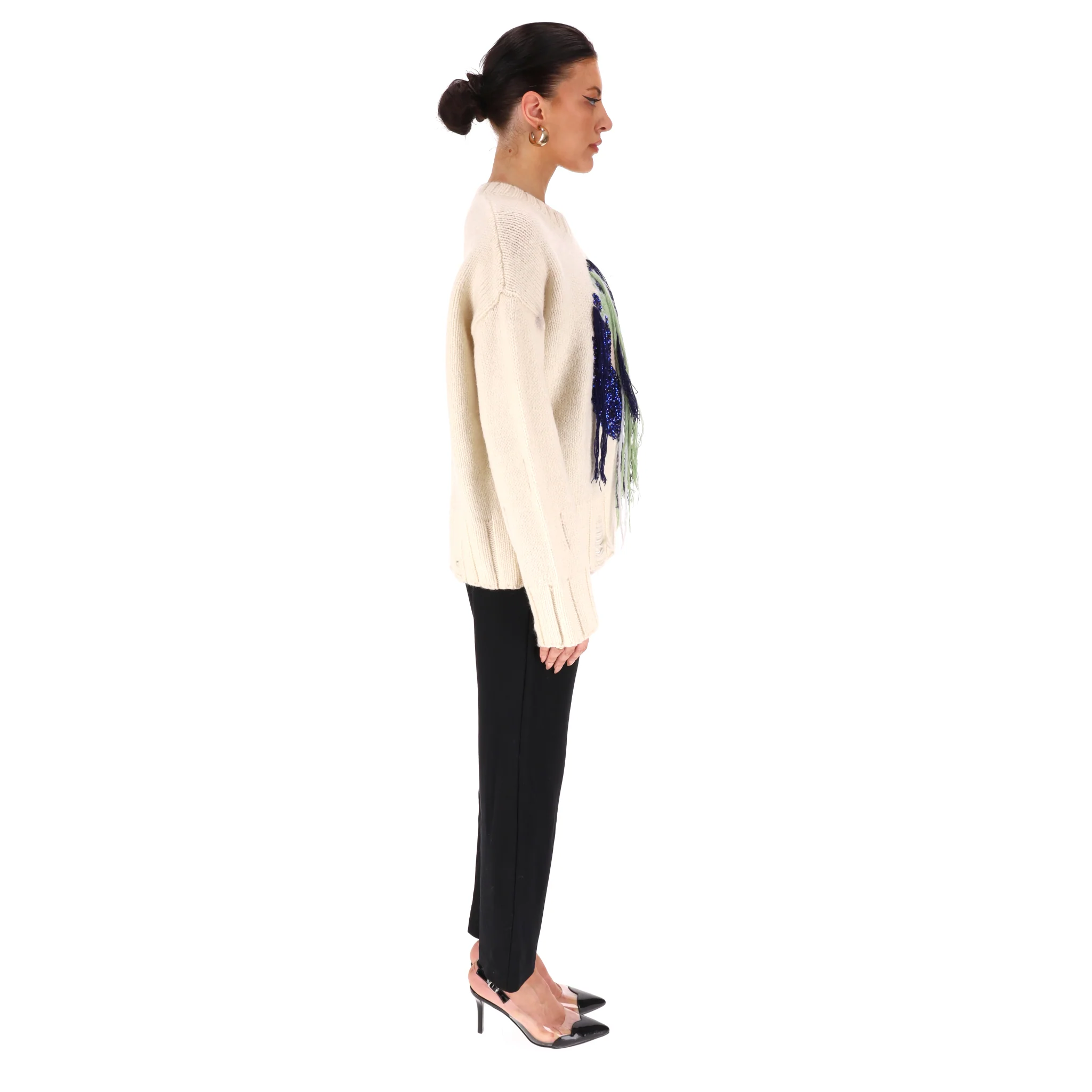 JW Anderson Globe Crystal-Embellished Fringed Sheep Wool Jumper. Size S - Image 3