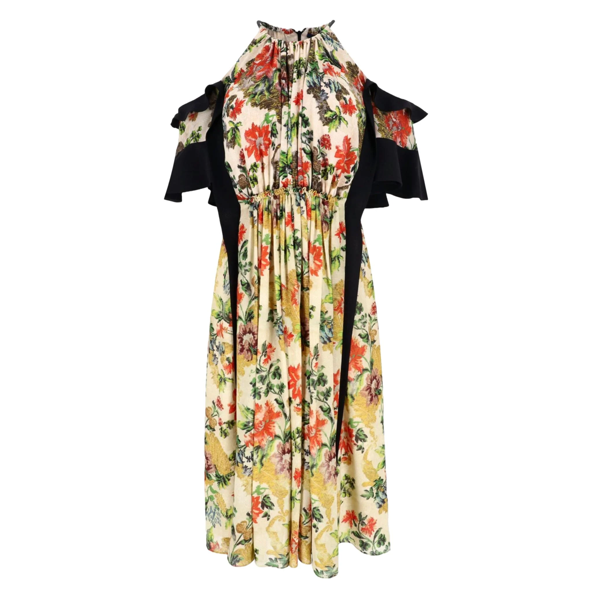 Louis Vuitton Cold-Shoulder Ruffle Detail Floral Silk Dress. Size 36FR
