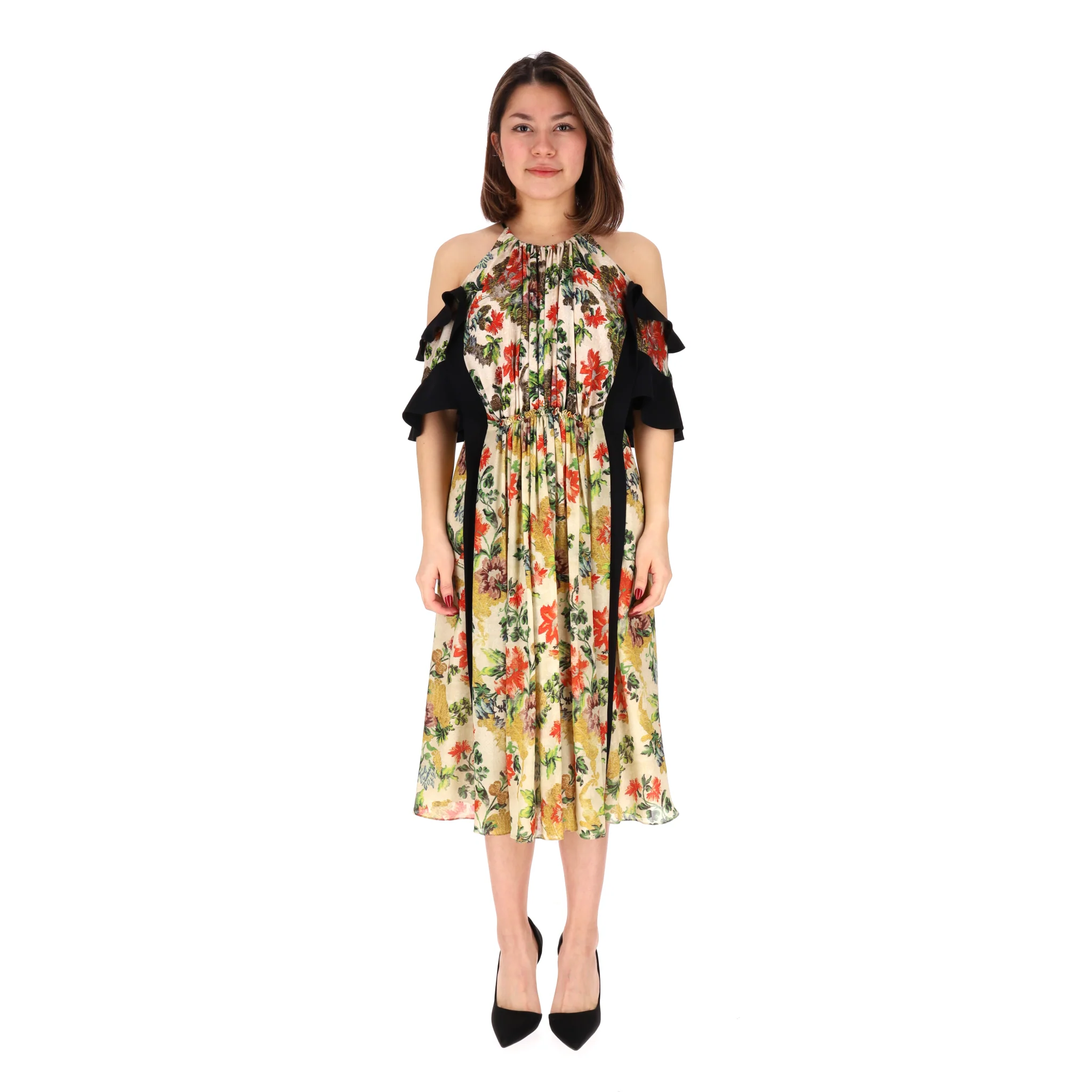 Louis Vuitton Cold-Shoulder Ruffle Detail Floral Silk Dress. Size 36FR - Image 2