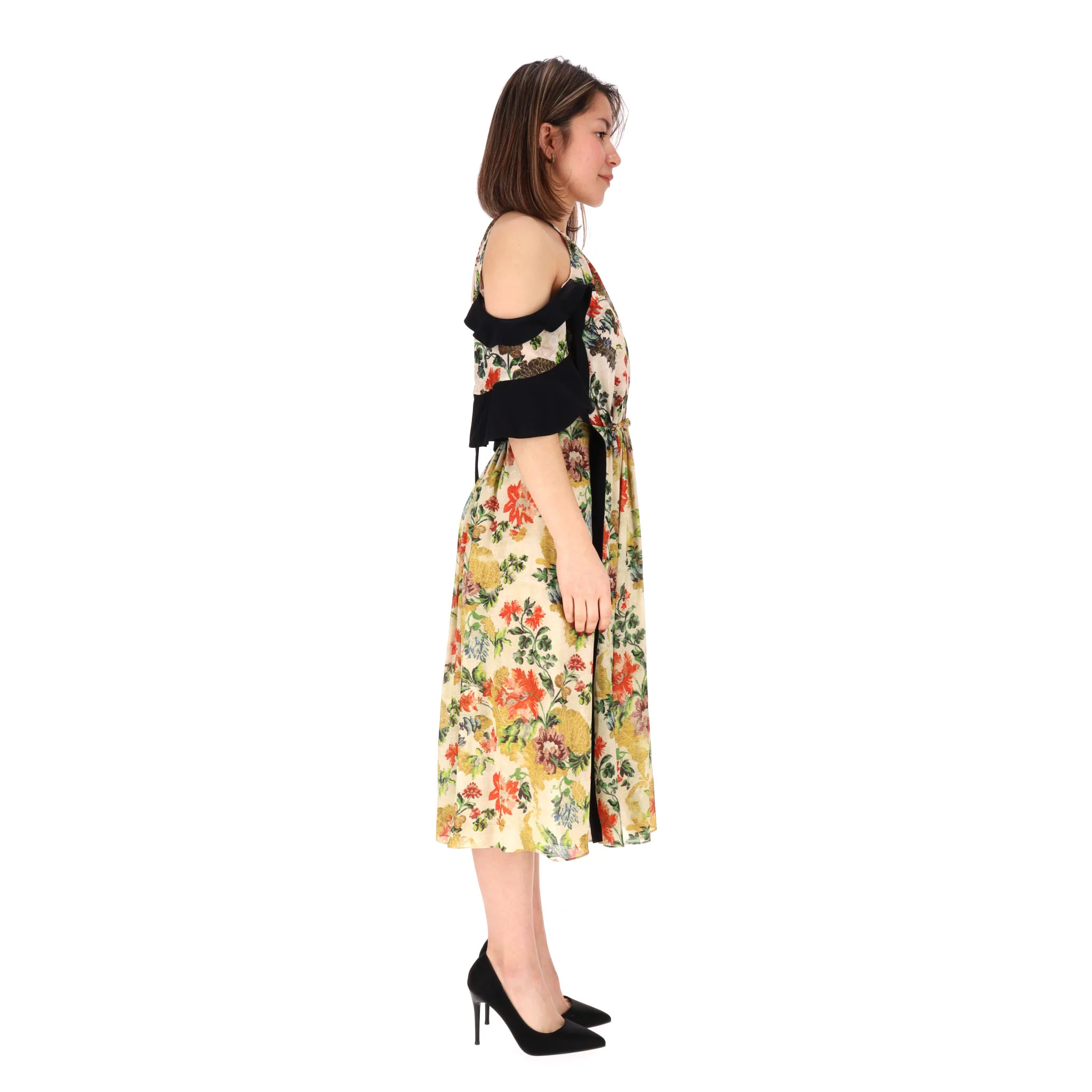 Louis Vuitton Cold-Shoulder Ruffle Detail Floral Silk Dress. Size 36FR - Image 3