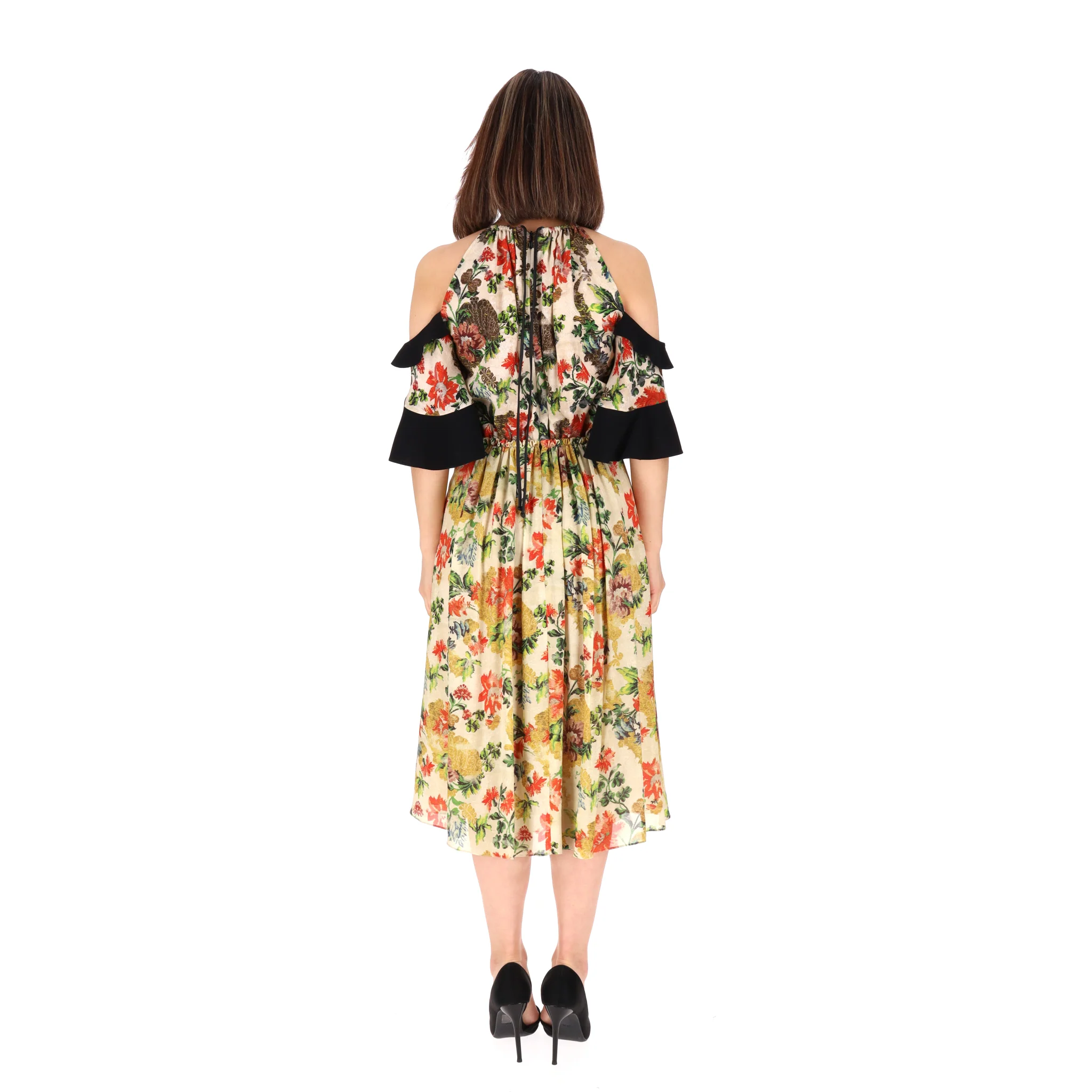 Louis Vuitton Cold-Shoulder Ruffle Detail Floral Silk Dress. Size 36FR - Image 4