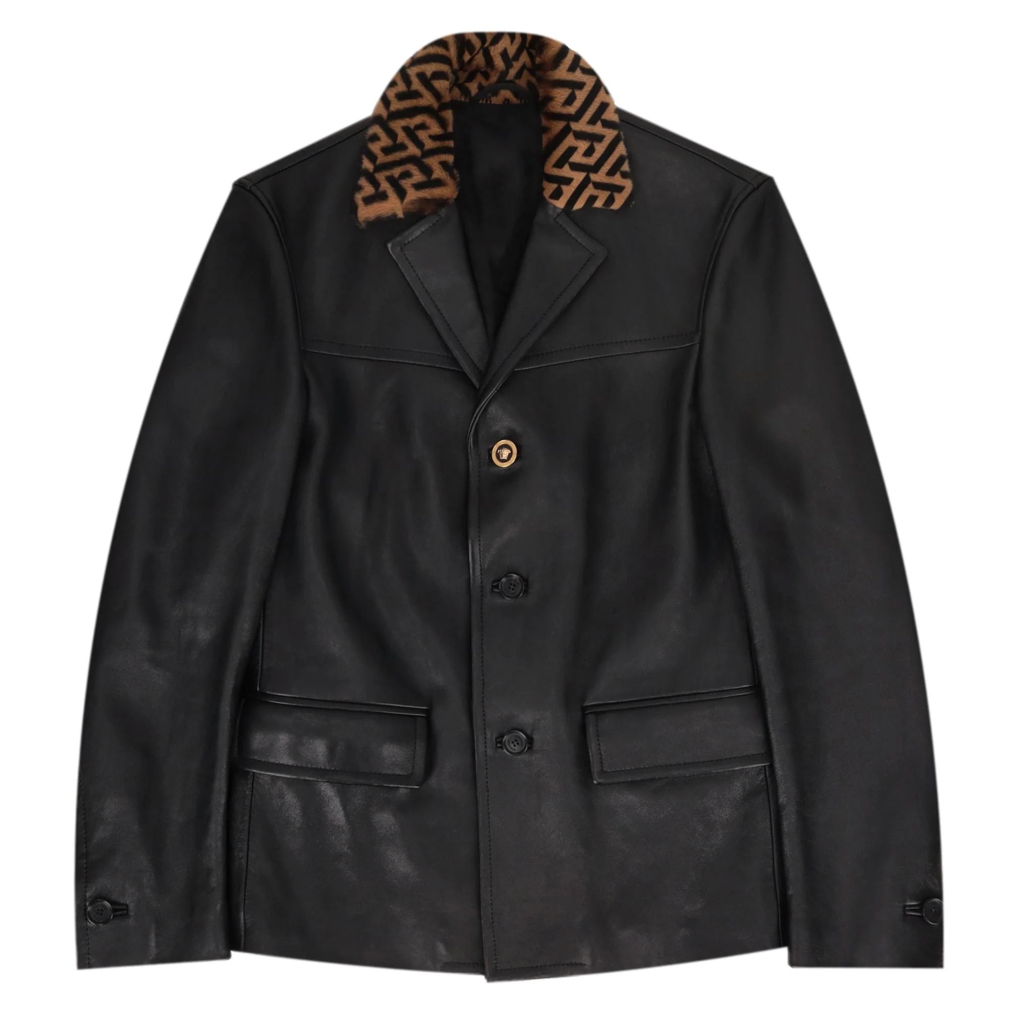 Versace Lambskin Leather Jacket With Greca Fur Collar. Size 46IT