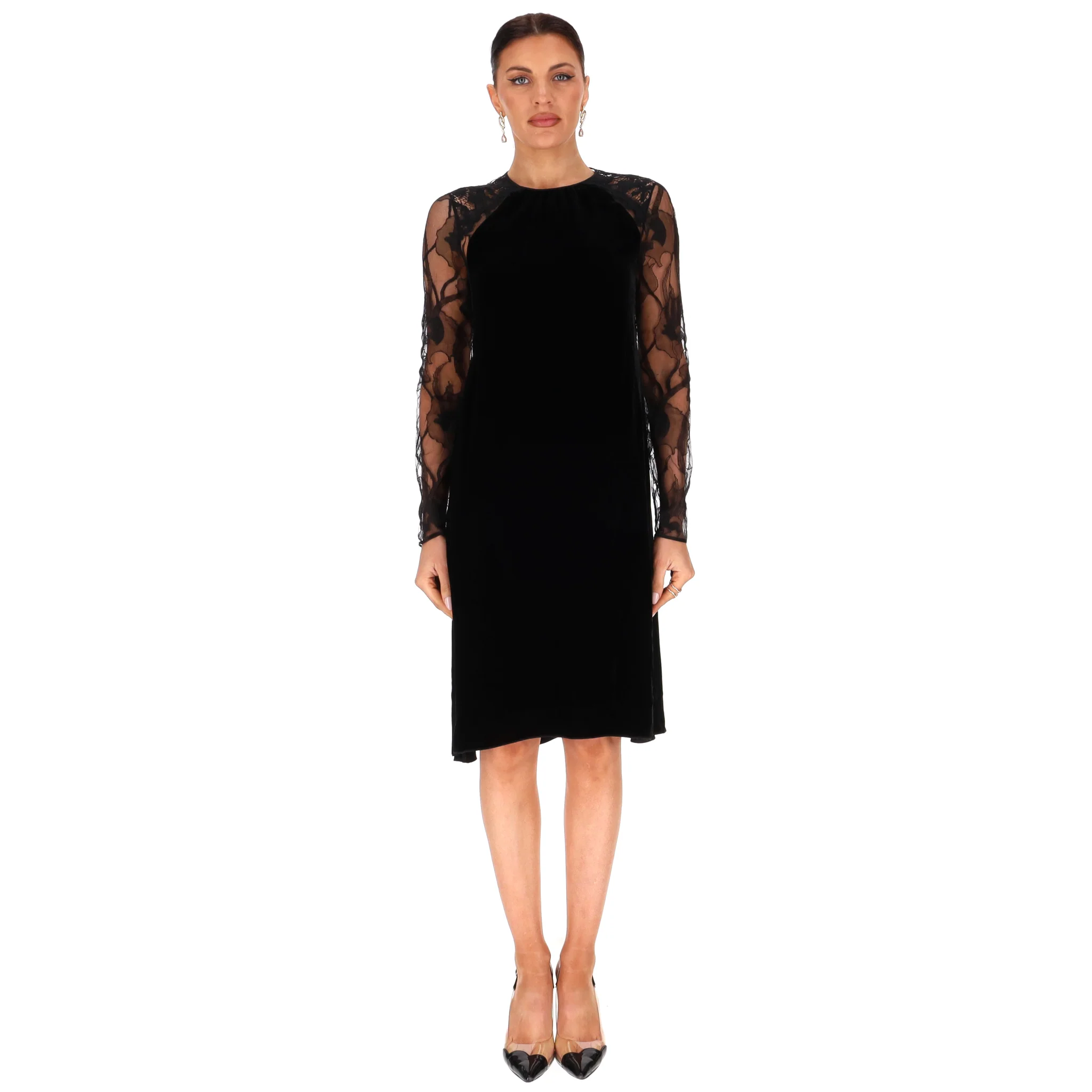 Nina Ricci Velvet Dress With Floral Lace Sleeves & Back. Size 38FR - Image 2