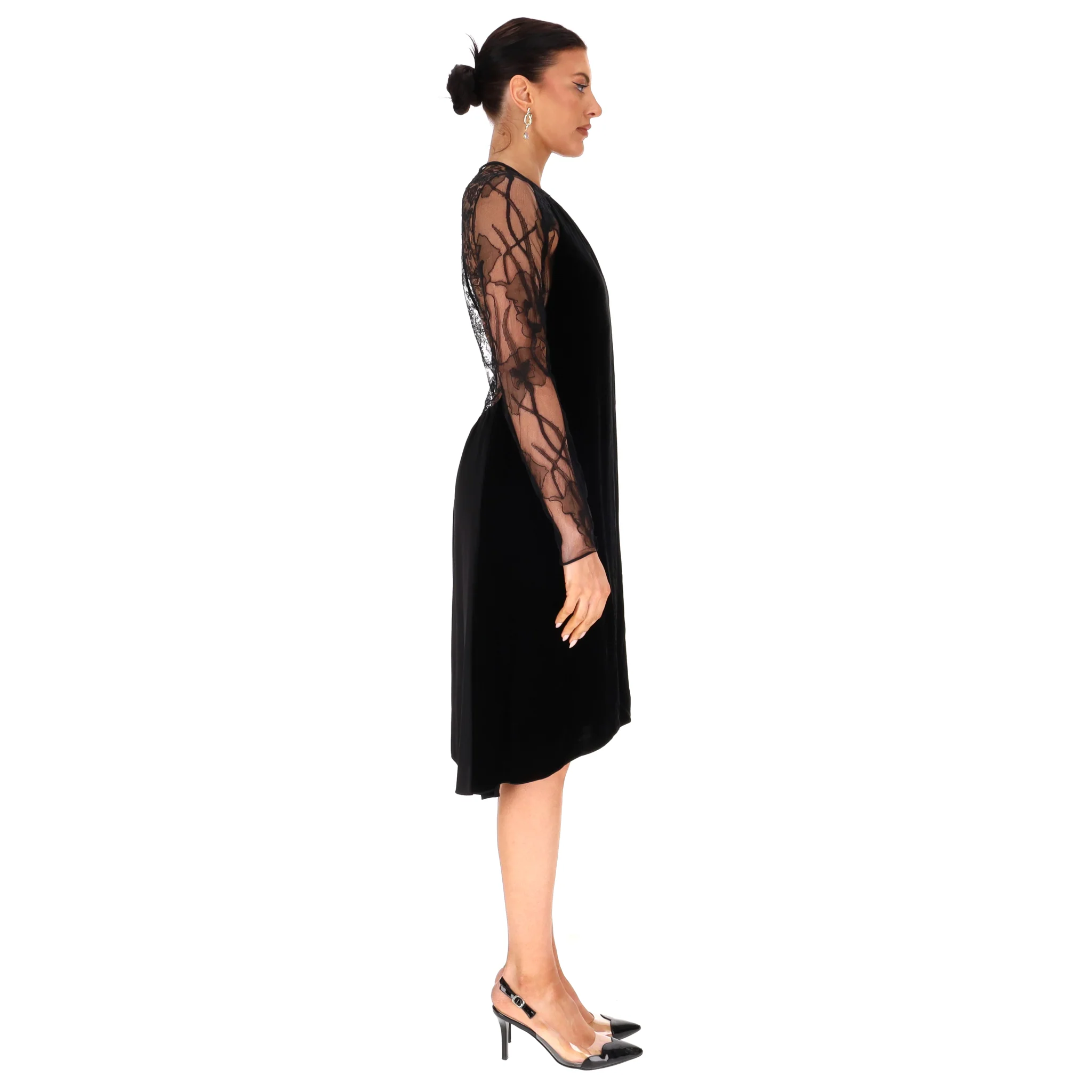 Nina Ricci Velvet Dress With Floral Lace Sleeves & Back. Size 38FR - Image 3