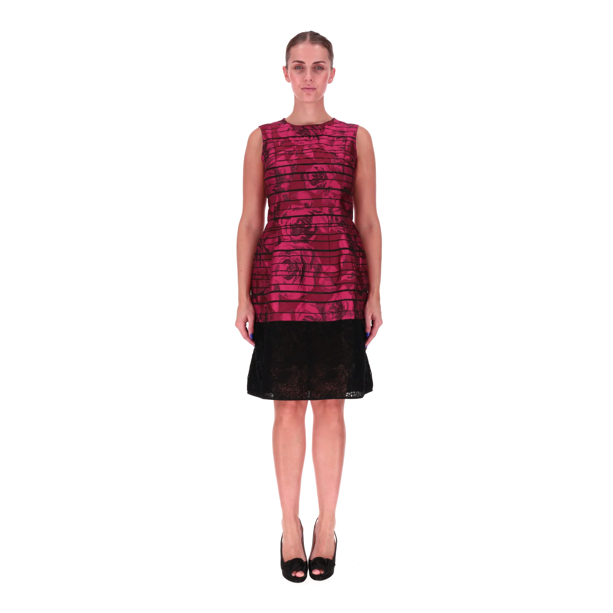 Oscar De La Renta Rose Print Lace Embellished Silk Blend Dress. Size 8US - Image 2