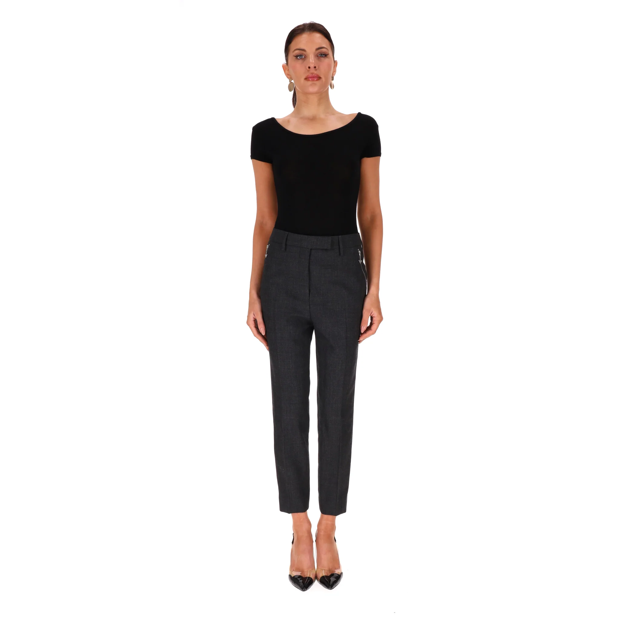 Prada Straight-Leg Virgin Wool Trousers With Triangle Logo Pull Zippers . Size 38IT - Image 2