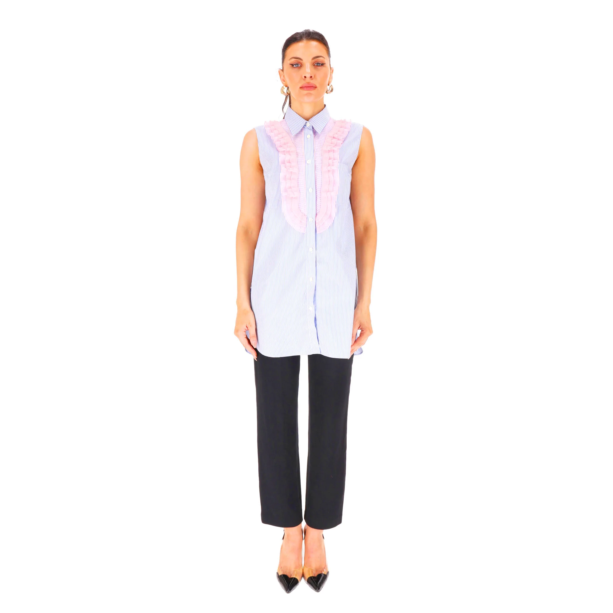 Prada Striped Ruffle Front Top. Size 40FR - Image 2