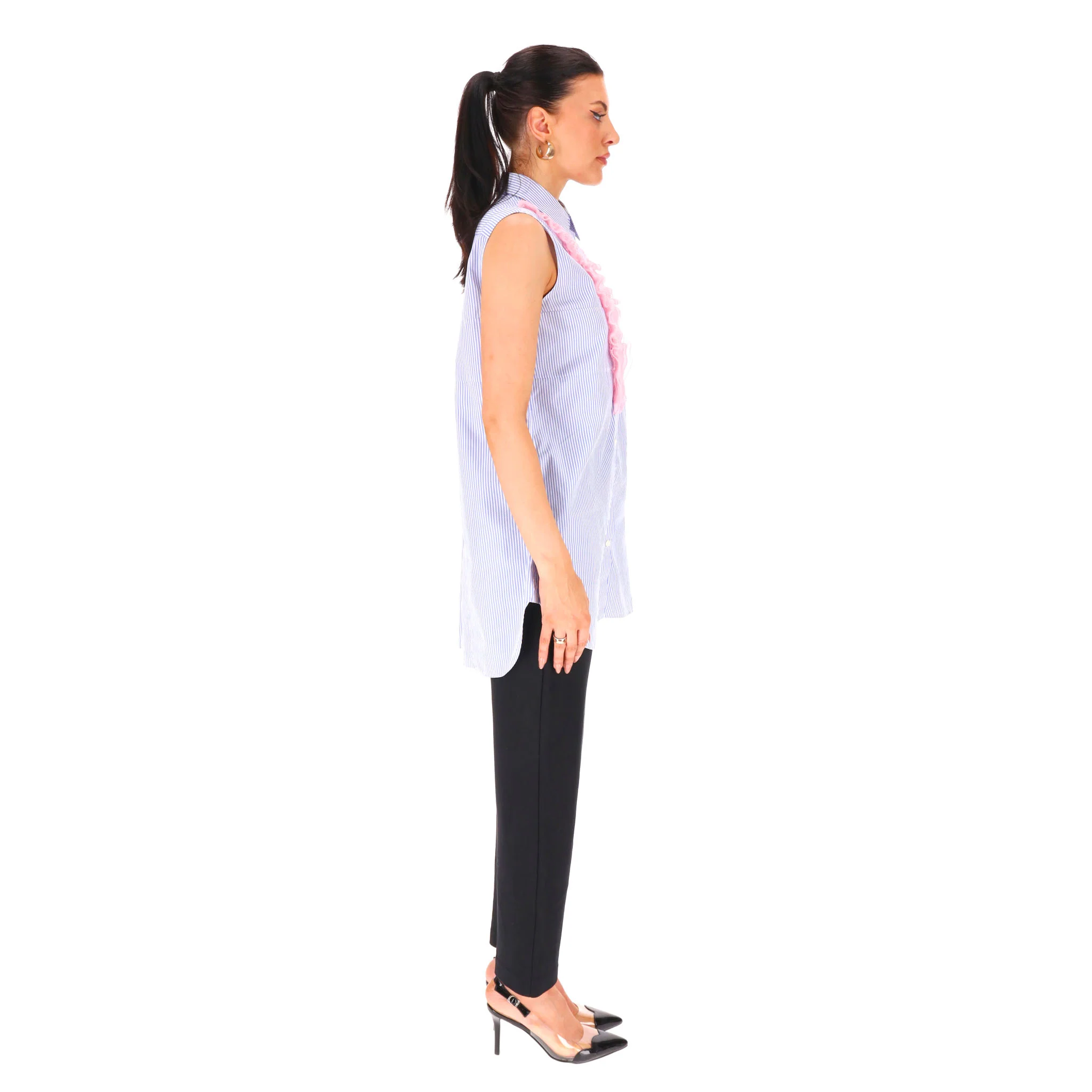 Prada Striped Ruffle Front Top. Size 40FR - Image 3