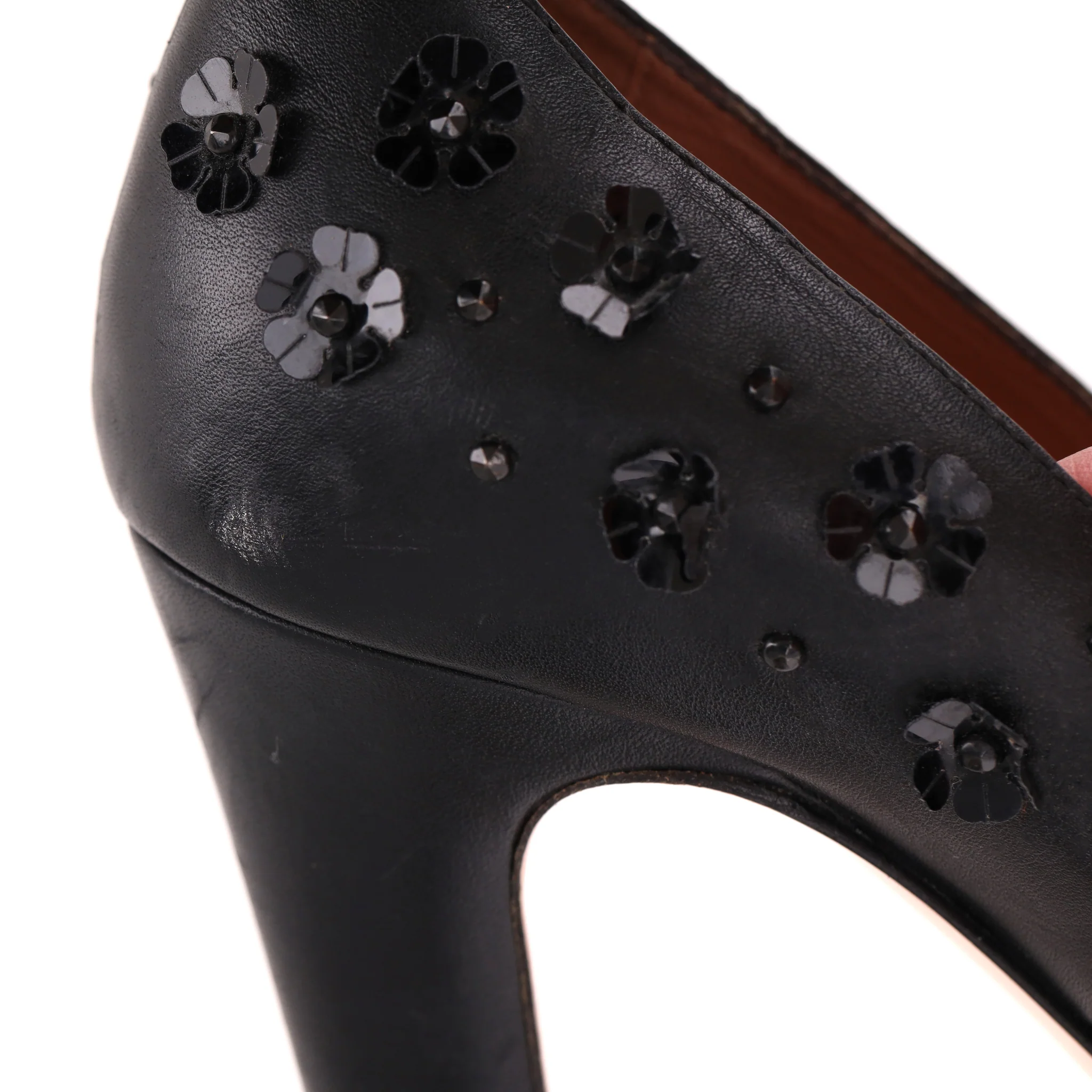 Red Valentino Flower Embellished Leather Peep-Toe Heels. Size 38 - Image 7