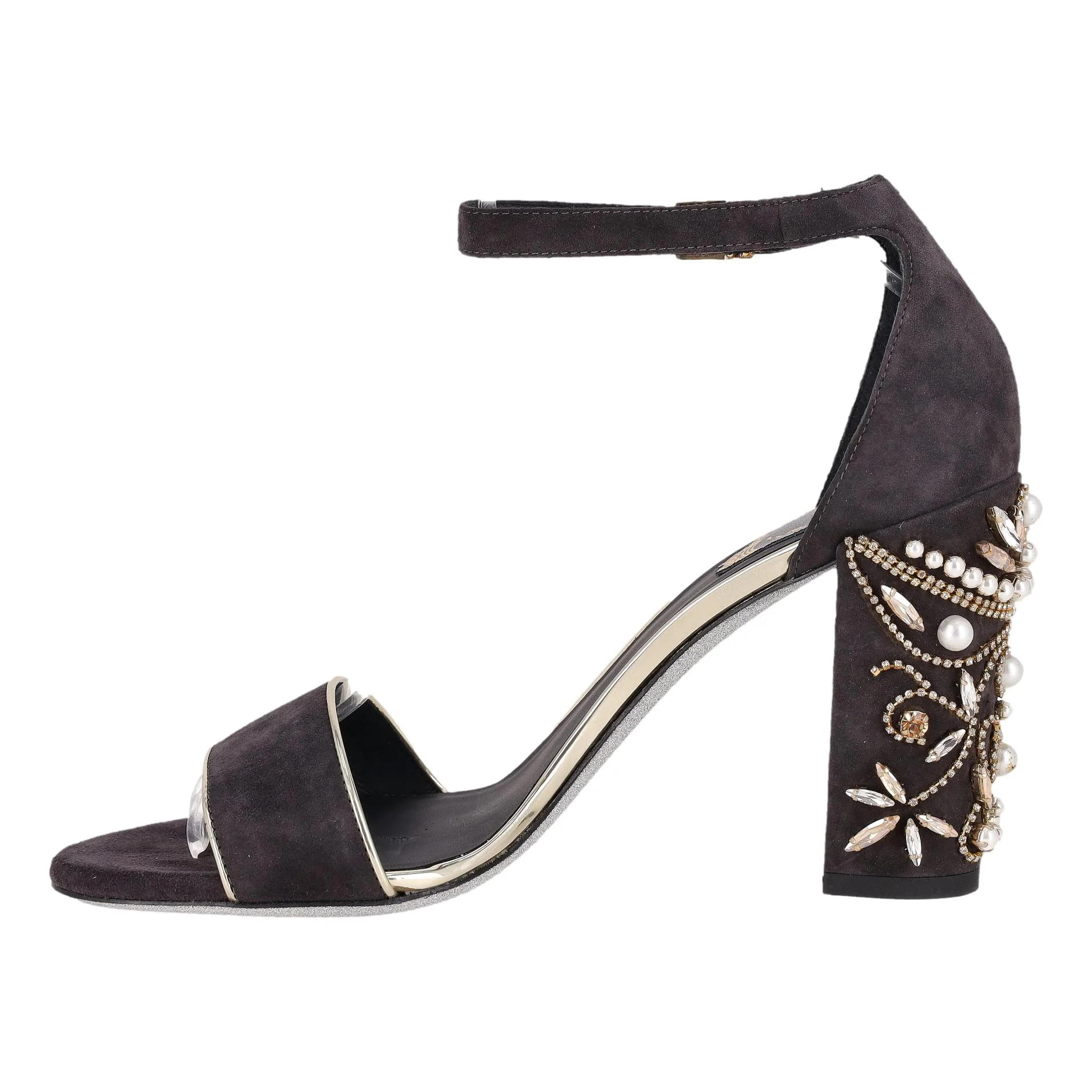 Rene Caovilla Suede Sandals With Jewel Embellished Block Heel. Size 38