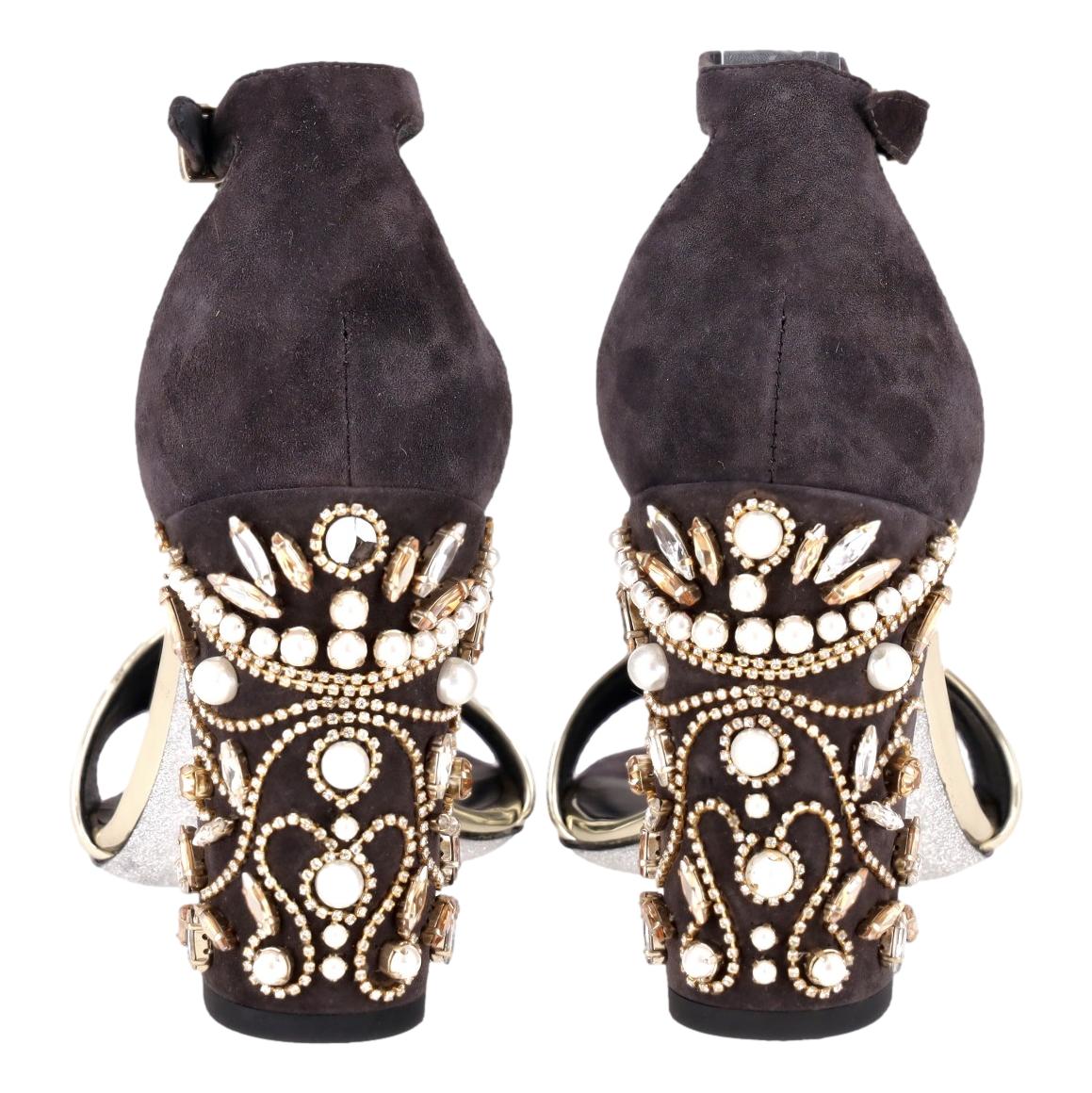 Rene Caovilla Suede Sandals With Jewel Embellished Block Heel. Size 38 - Image 5