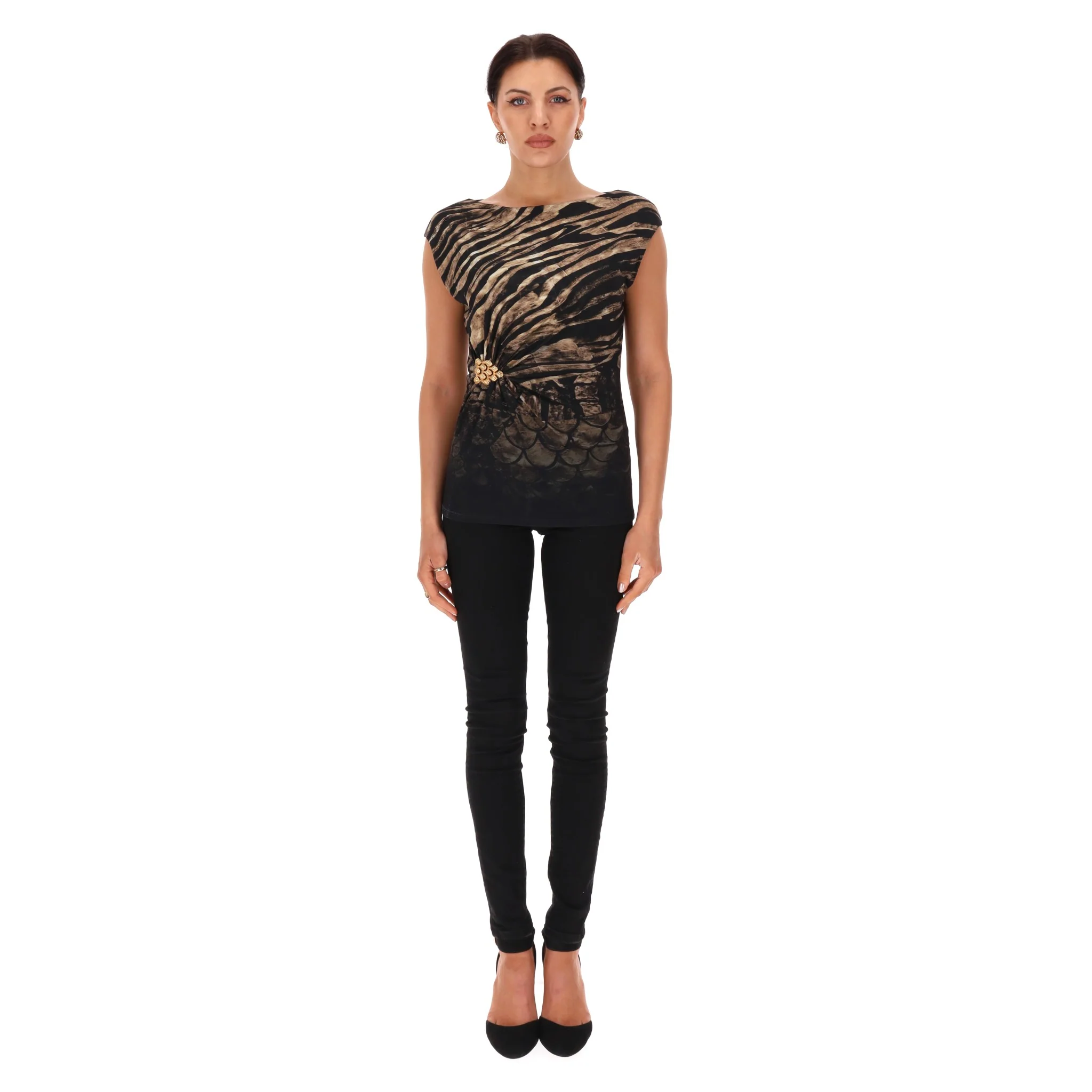 Roberto Cavalli Animal Print Gathered & Buckle Detail Top. Size 42IT - Image 2