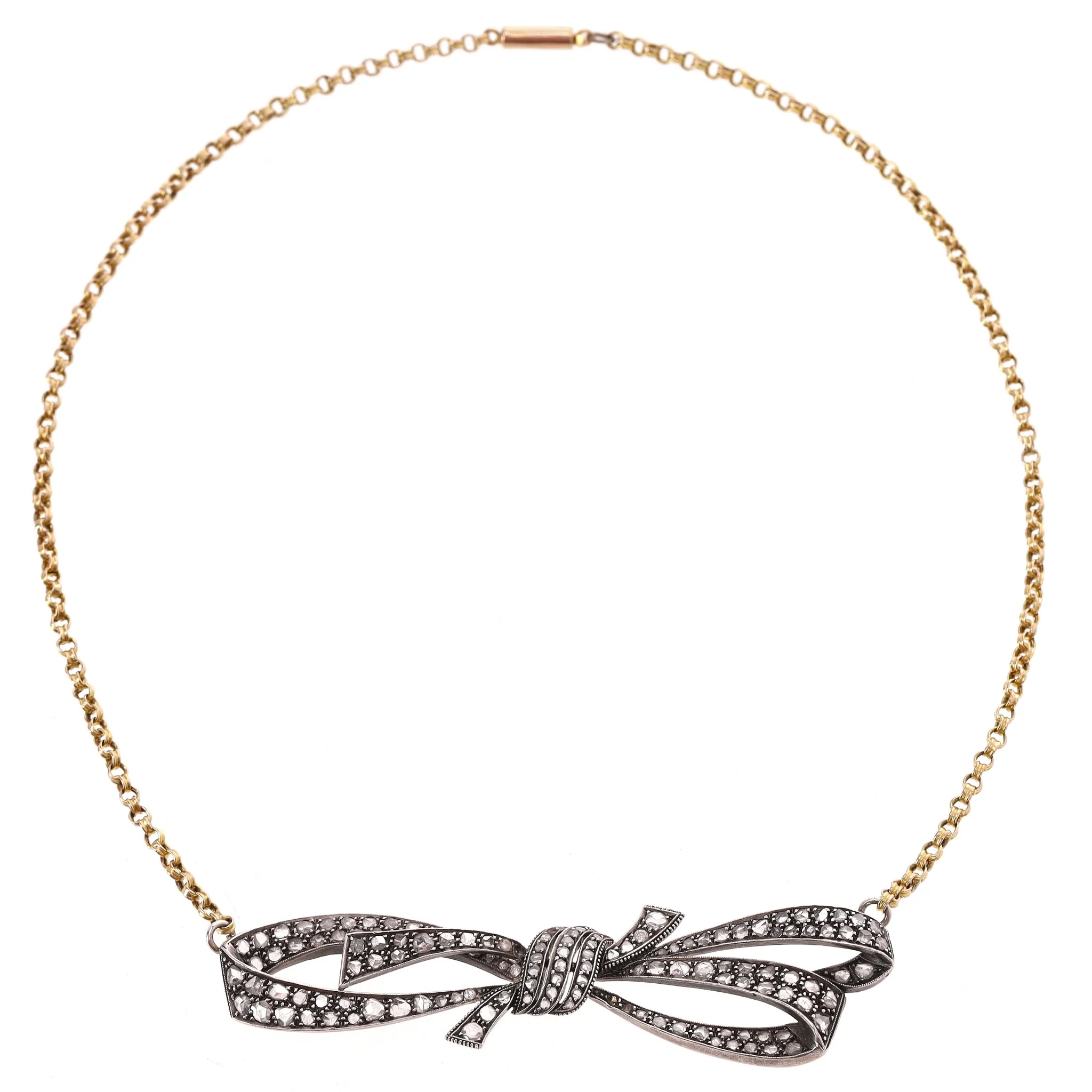 Rose Cut Diamond Bow Necklace Georgian Vintage In 15ct Gold