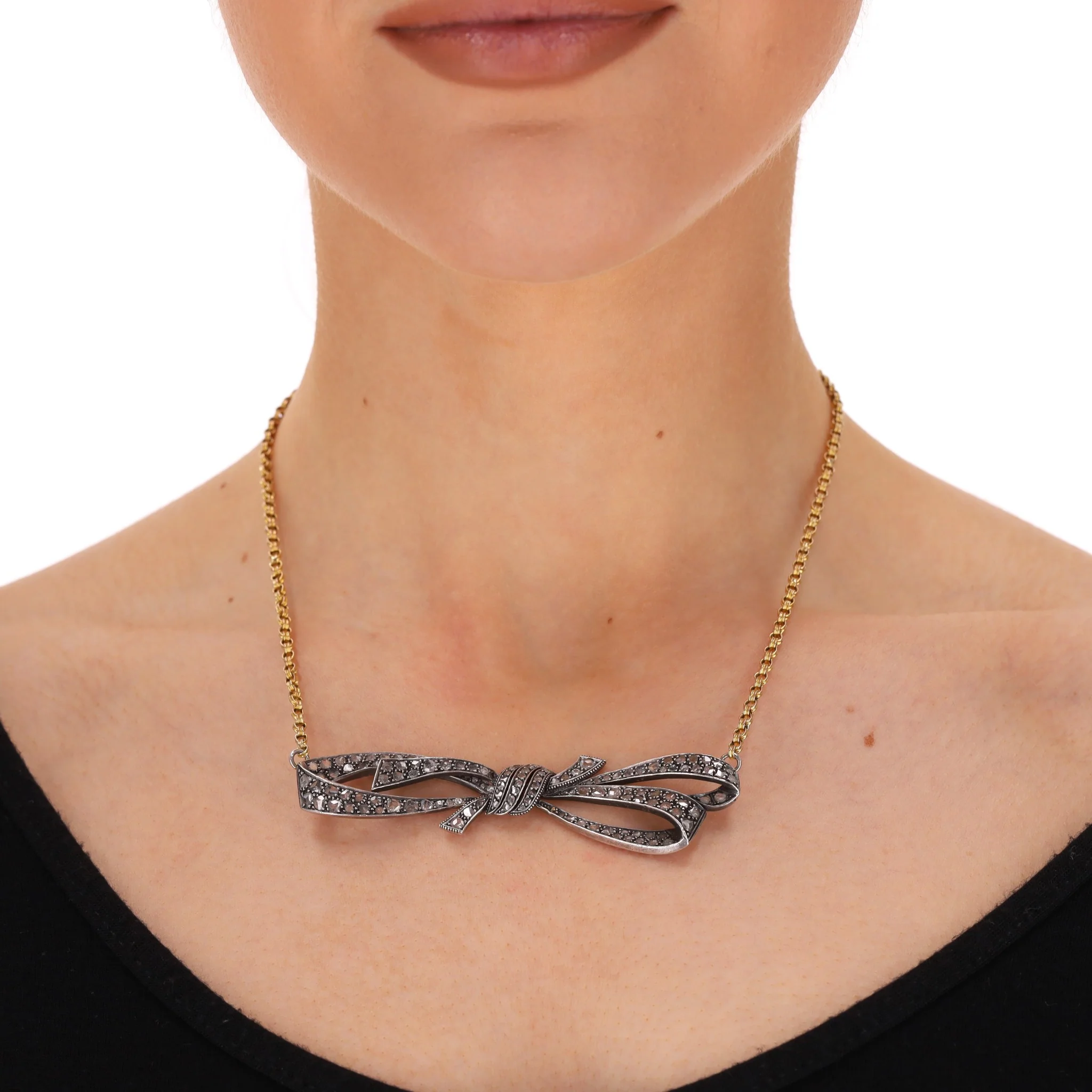 Rose Cut Diamond Bow Necklace Georgian Vintage In 15ct Gold - Image 2