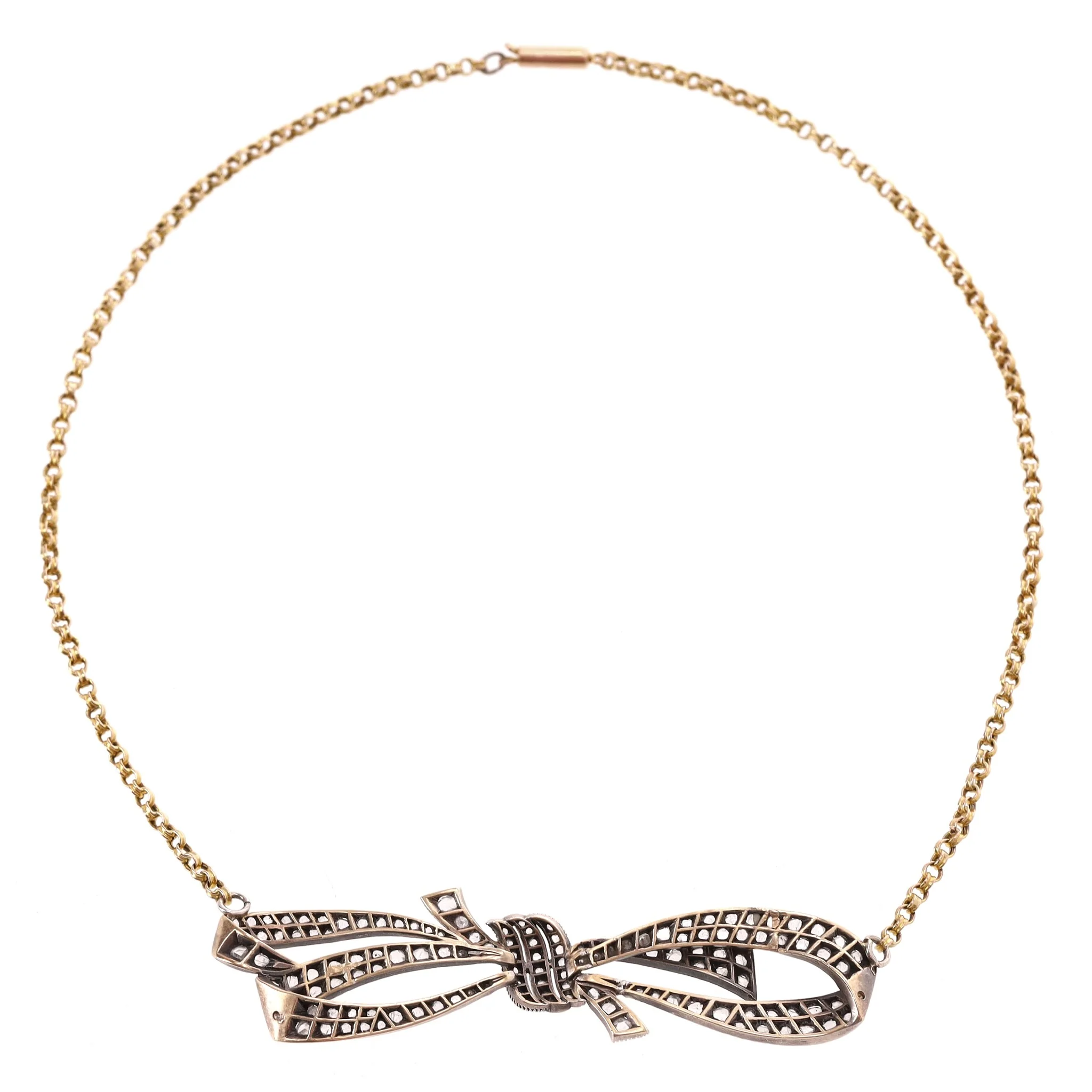 Rose Cut Diamond Bow Necklace Georgian Vintage In 15ct Gold - Image 7