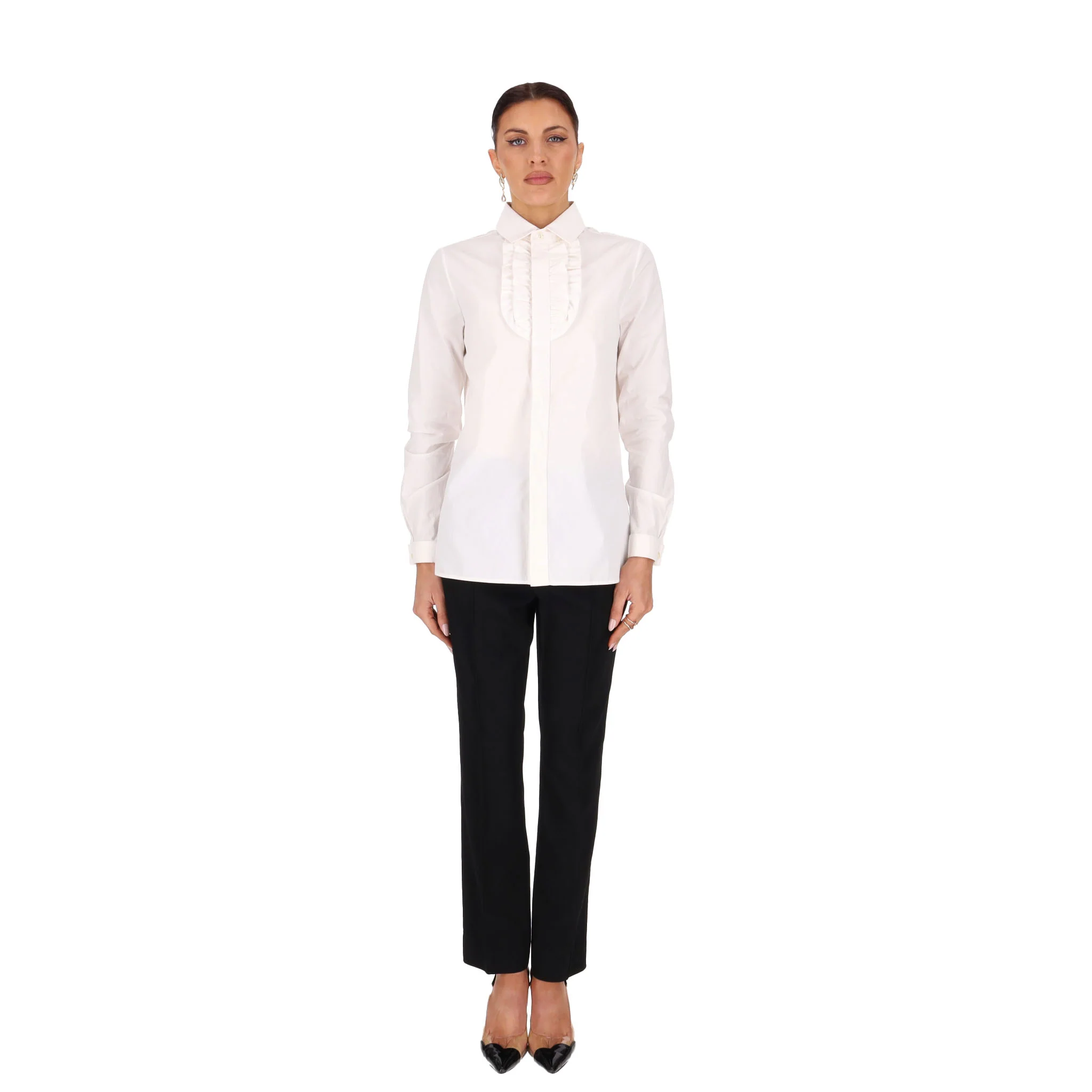 Saint Laurent Ruffled Bib Cotton Shirt. Size 38FR - Image 2
