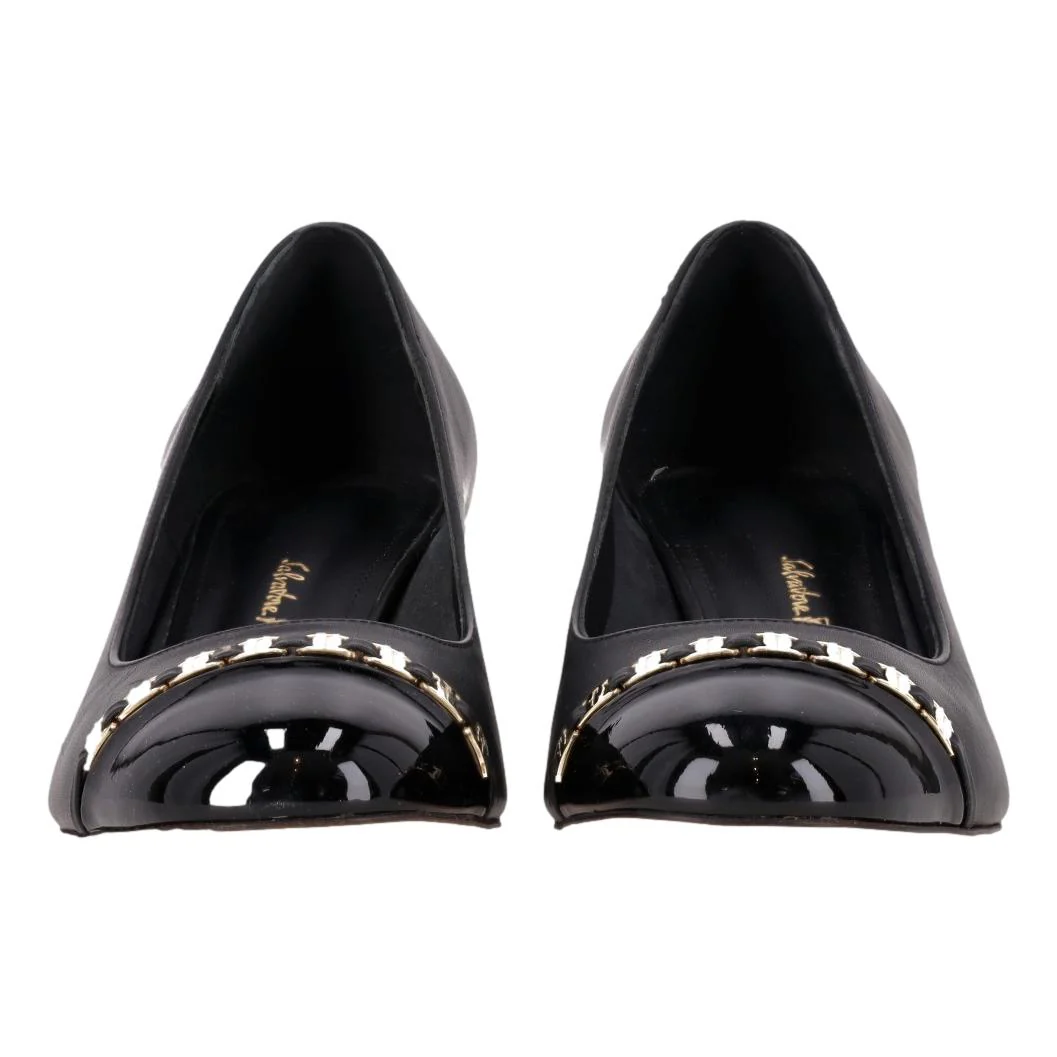 Salvatore Ferragamo Gancini Chain Leather Pumps With Patent Leather Cap Toe. Size 37 - Image 3