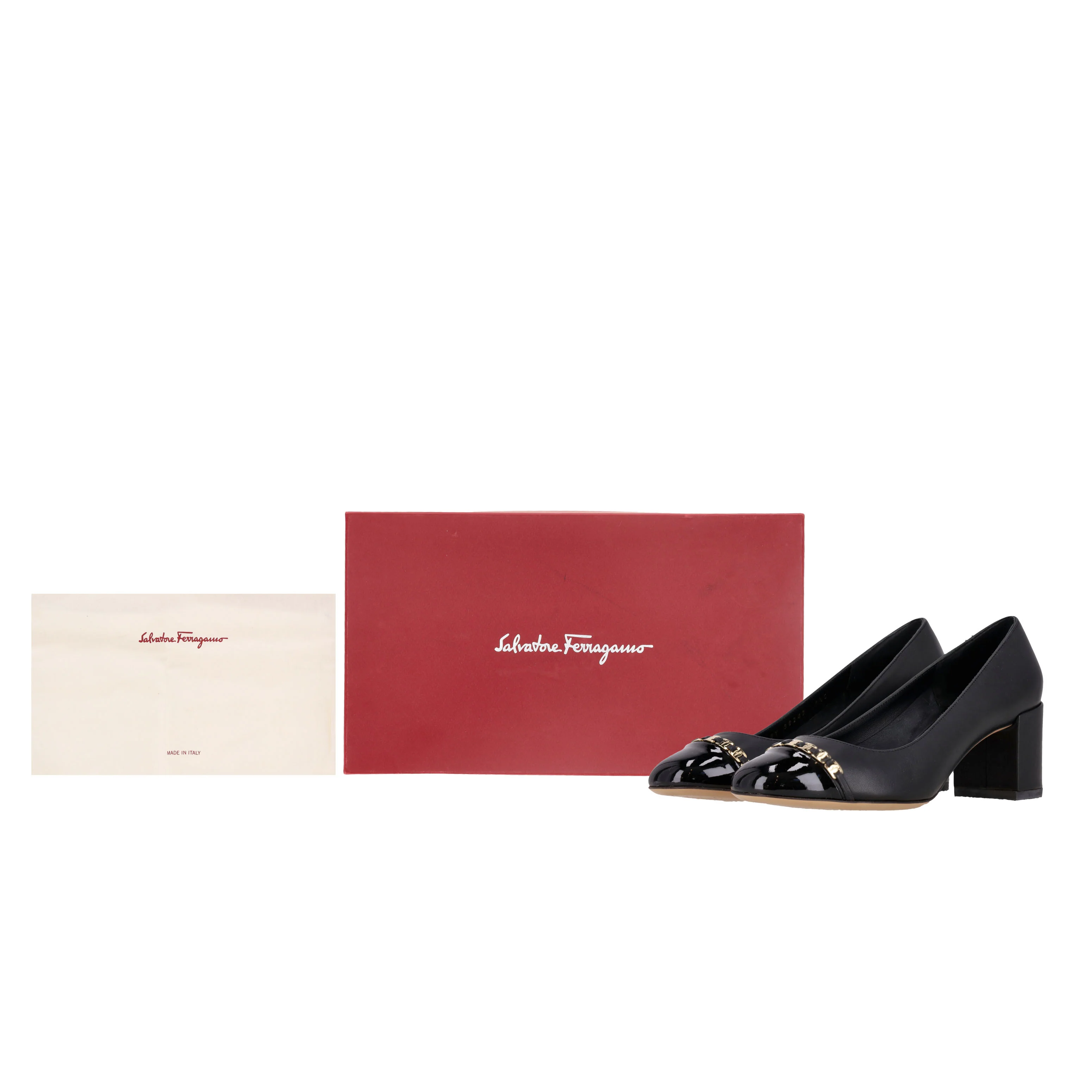 Salvatore Ferragamo Gancini Chain Leather Pumps With Patent Leather Cap Toe. Size 37 - Image 7