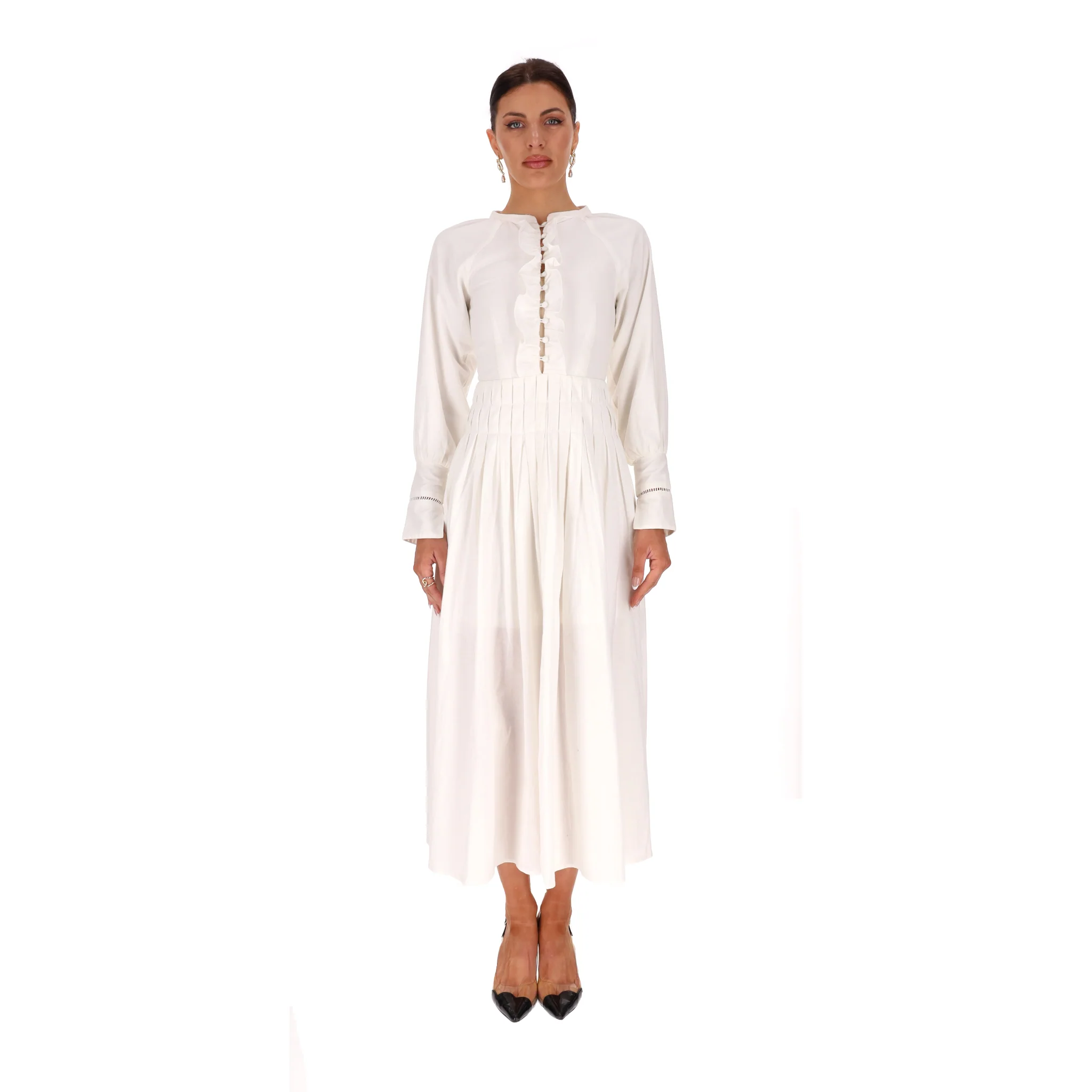 Thavia Poplin Balloon Sleeve Pleated Maxi Dress. Size XS - Image 2