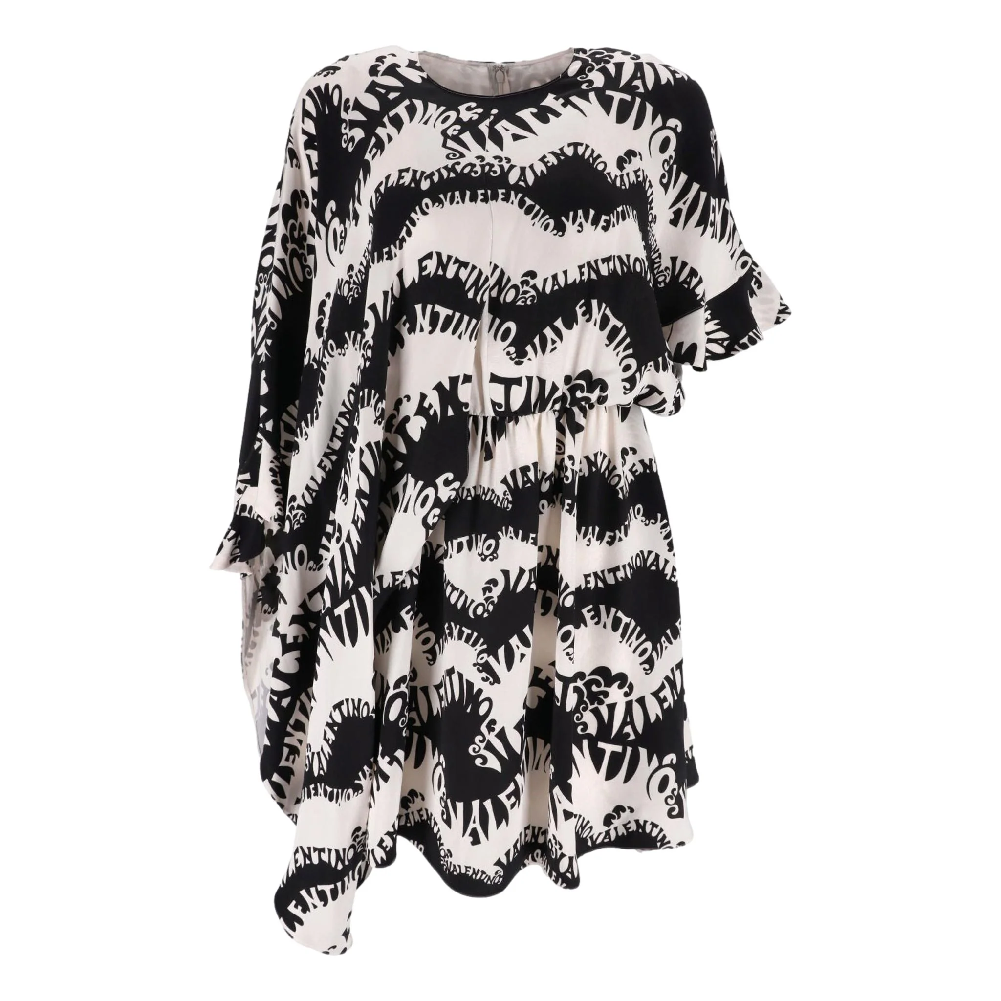 Valentino Logo Printed Silk Dress With Asymmetric Sleeves. Size 40IT