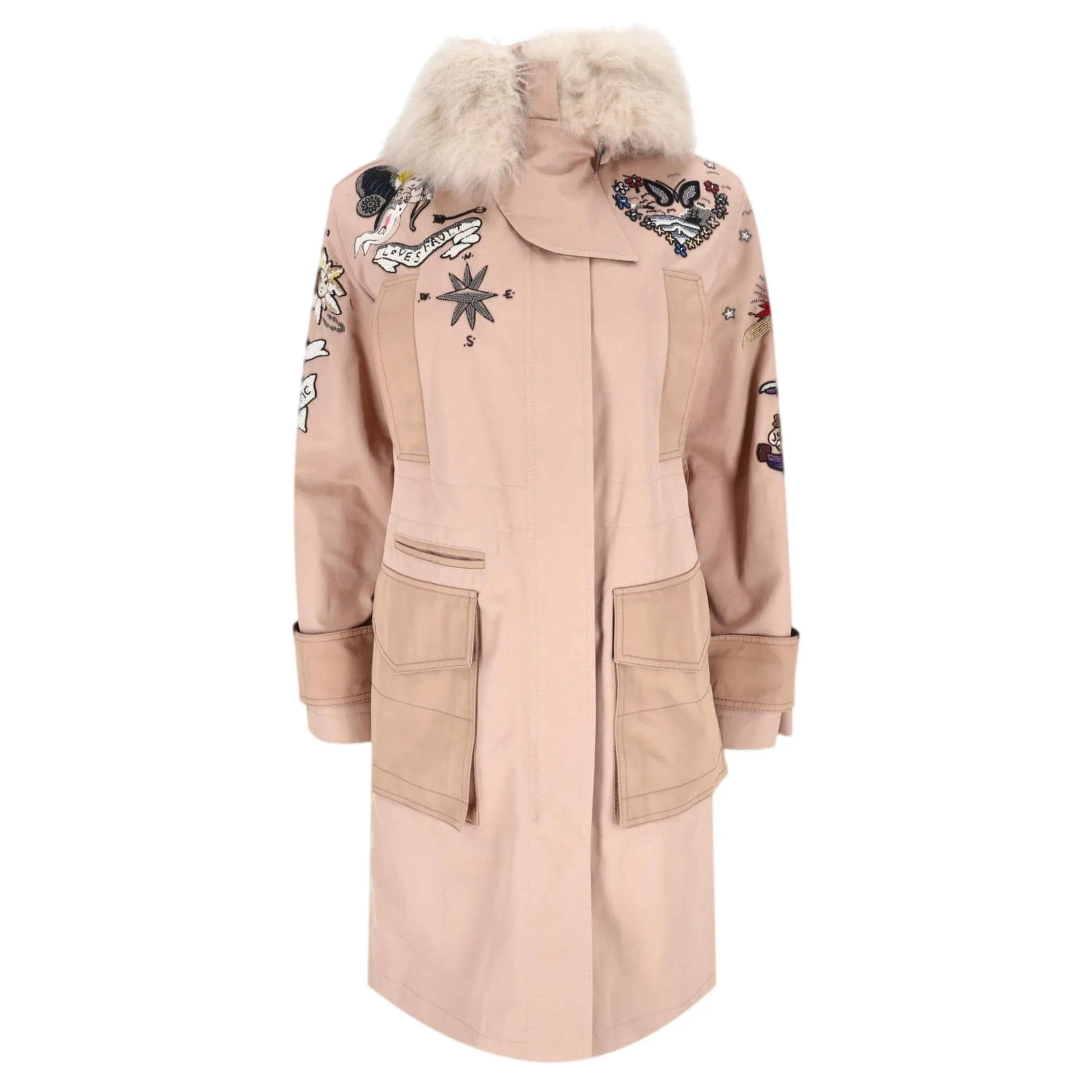 Valentino Tattoo Bead-Embroidered Fur Trimmed Parka Coat. Size 38IT